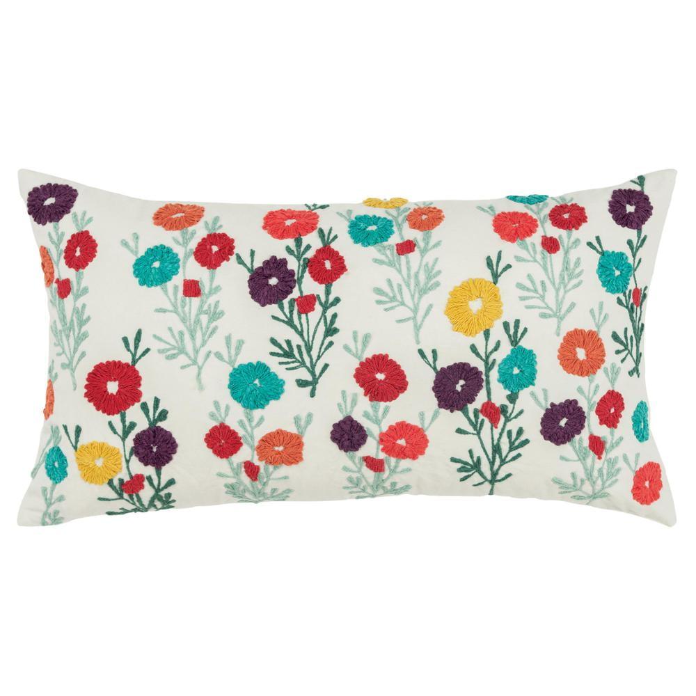 Floral Poppy Field Embroidered Cotton 14"x26" Pillow Cover