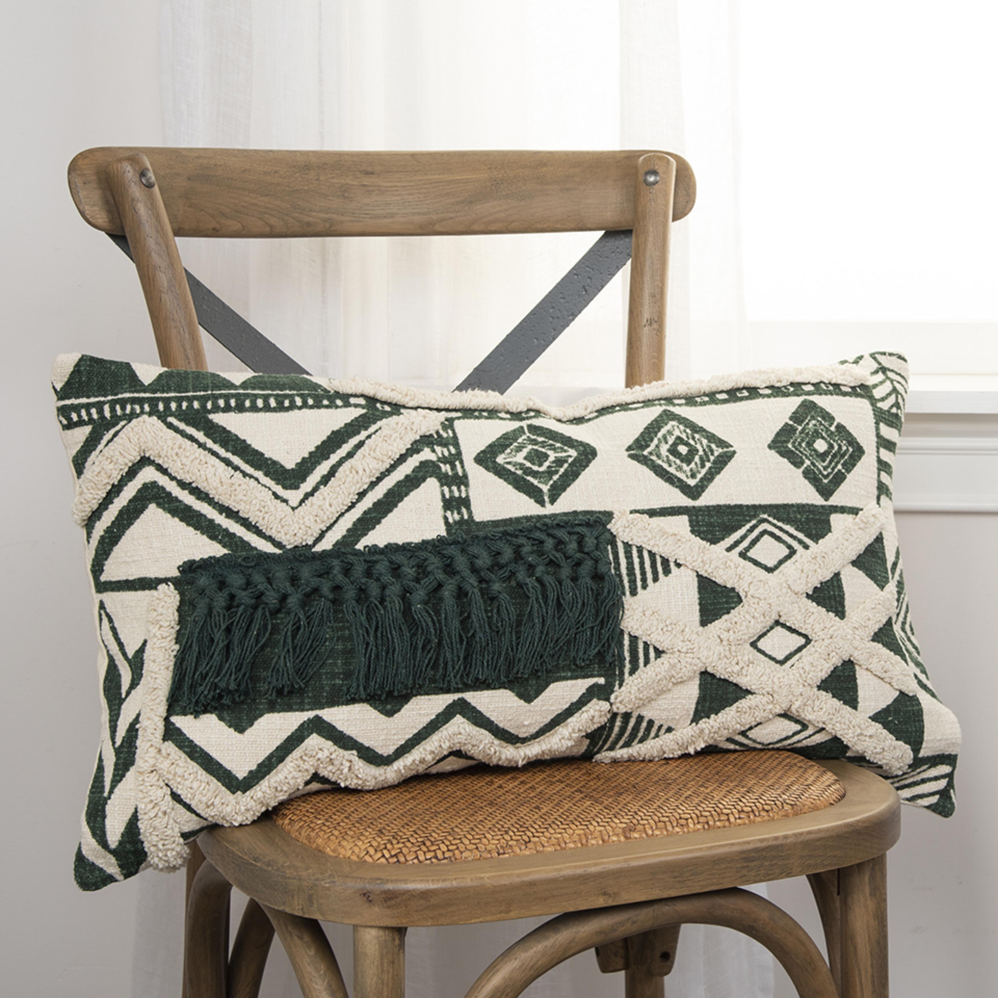 Ivory and Green Geometric Cotton Embroidered Pillow Cover 14" x 26"