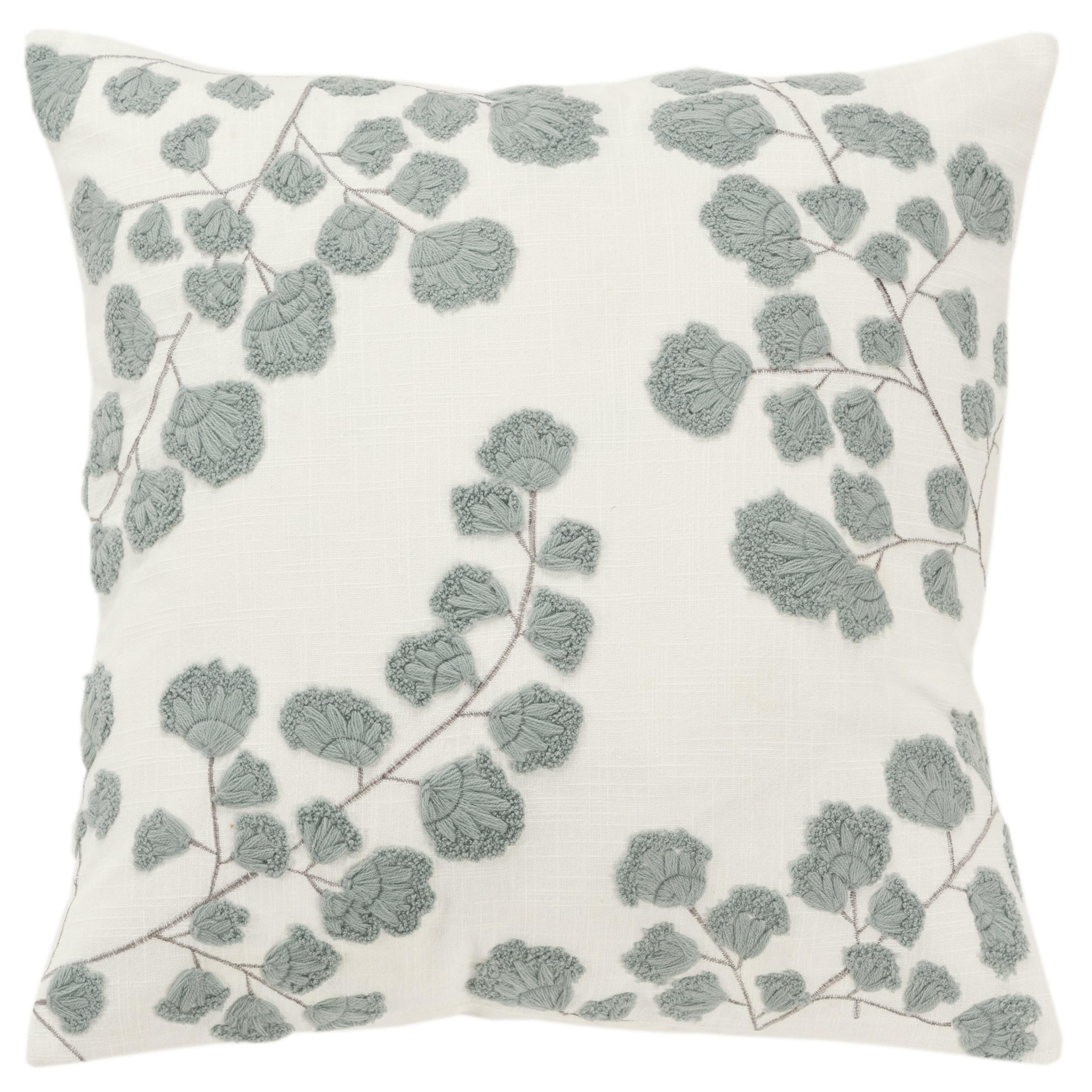 Ivory and Gray Embroidered Cotton Square Throw Pillow