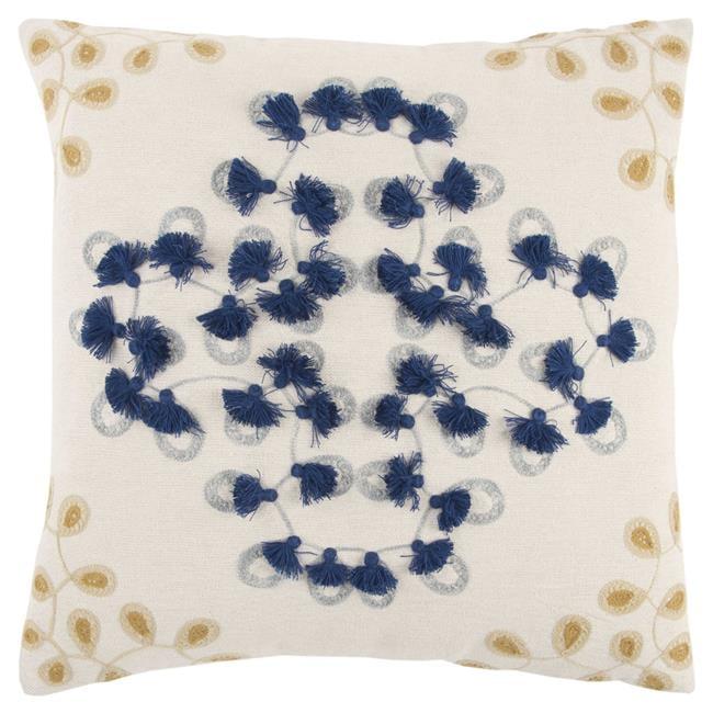 Elegant Medallion 20" Embroidered Cushion with Hand-Applied Tassels - Natural