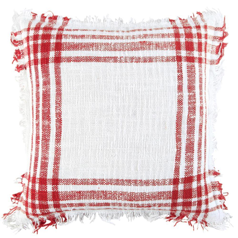 Artisanal White & Red Woven Cotton 18" Euro Pillow Cover