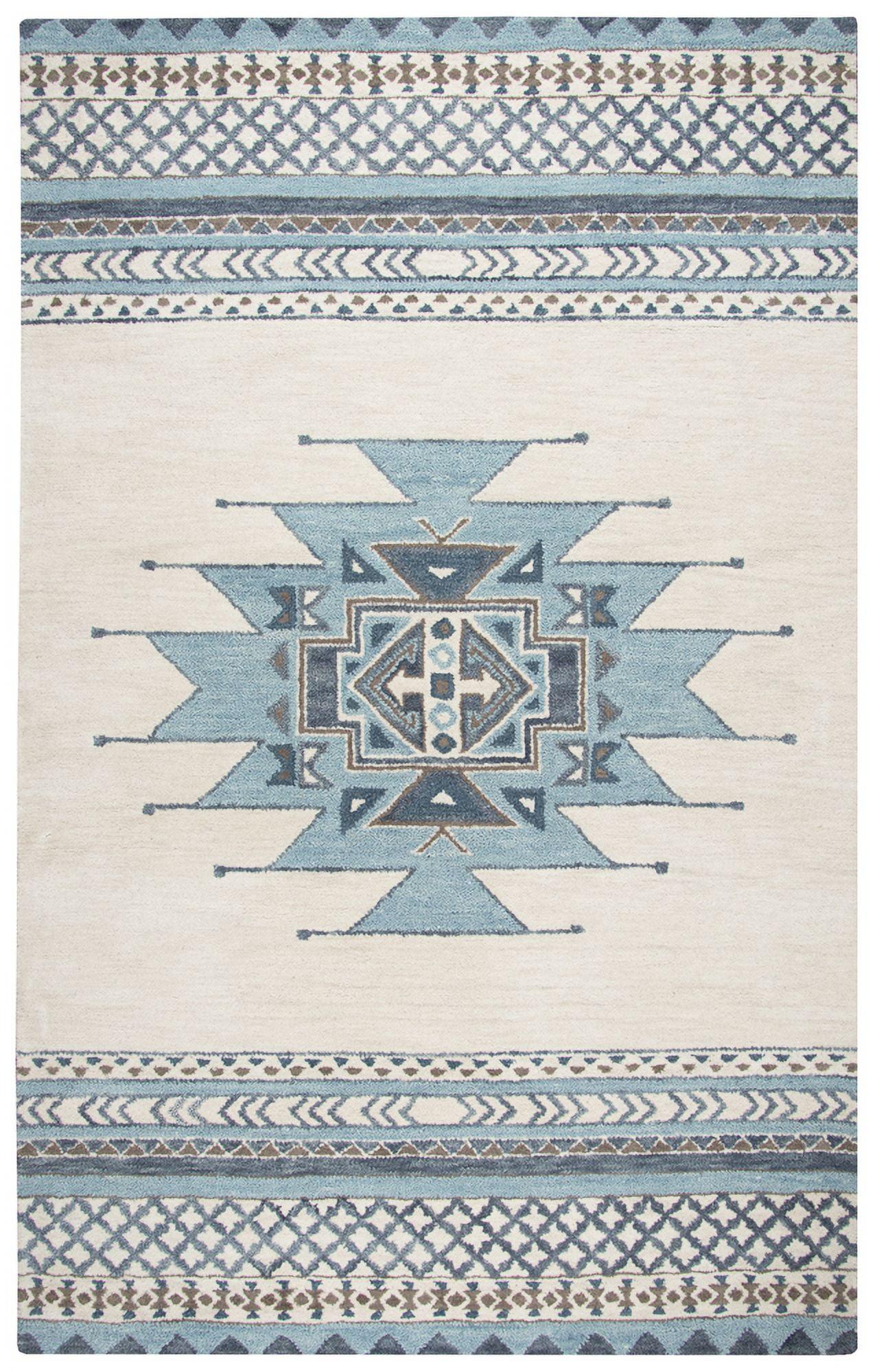 Handmade Southwest Geometric Blue & Ivory Wool Rug 5' x 8'