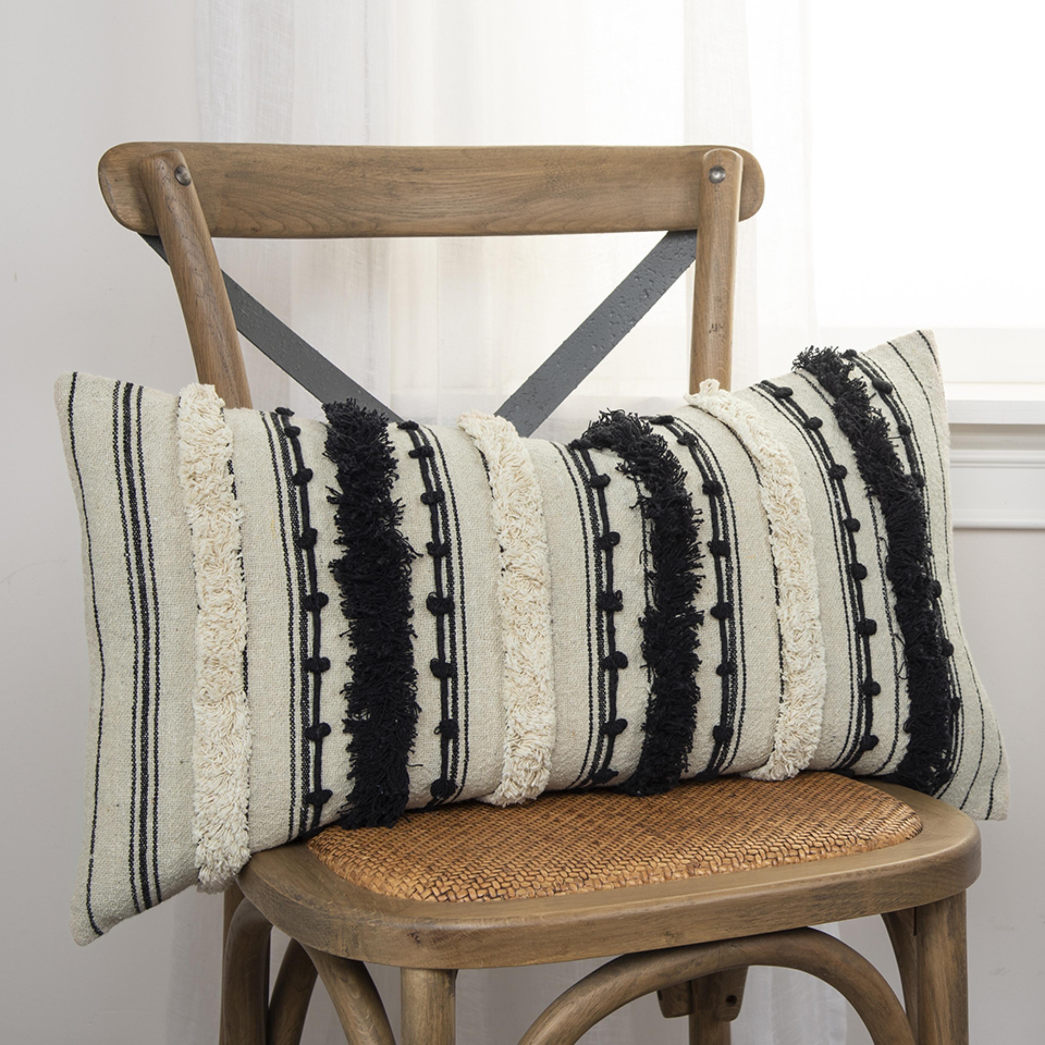 14"x26" Oversized Poly-Filled Striped Lumbar Throw Pillow Black/Ivory - Rizzy Home: Nautical Canvas, Zipper Closure