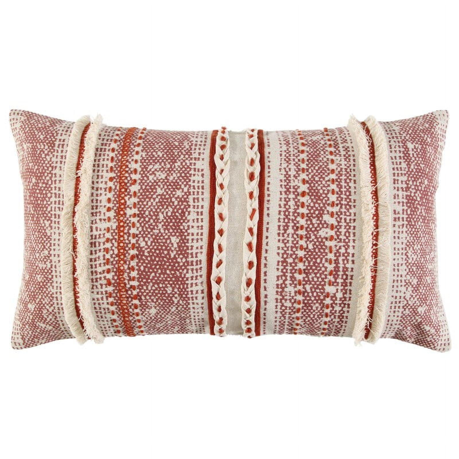 Rustic Rust and Ivory Cotton Embroidered Lumbar Pillow 11"x17"