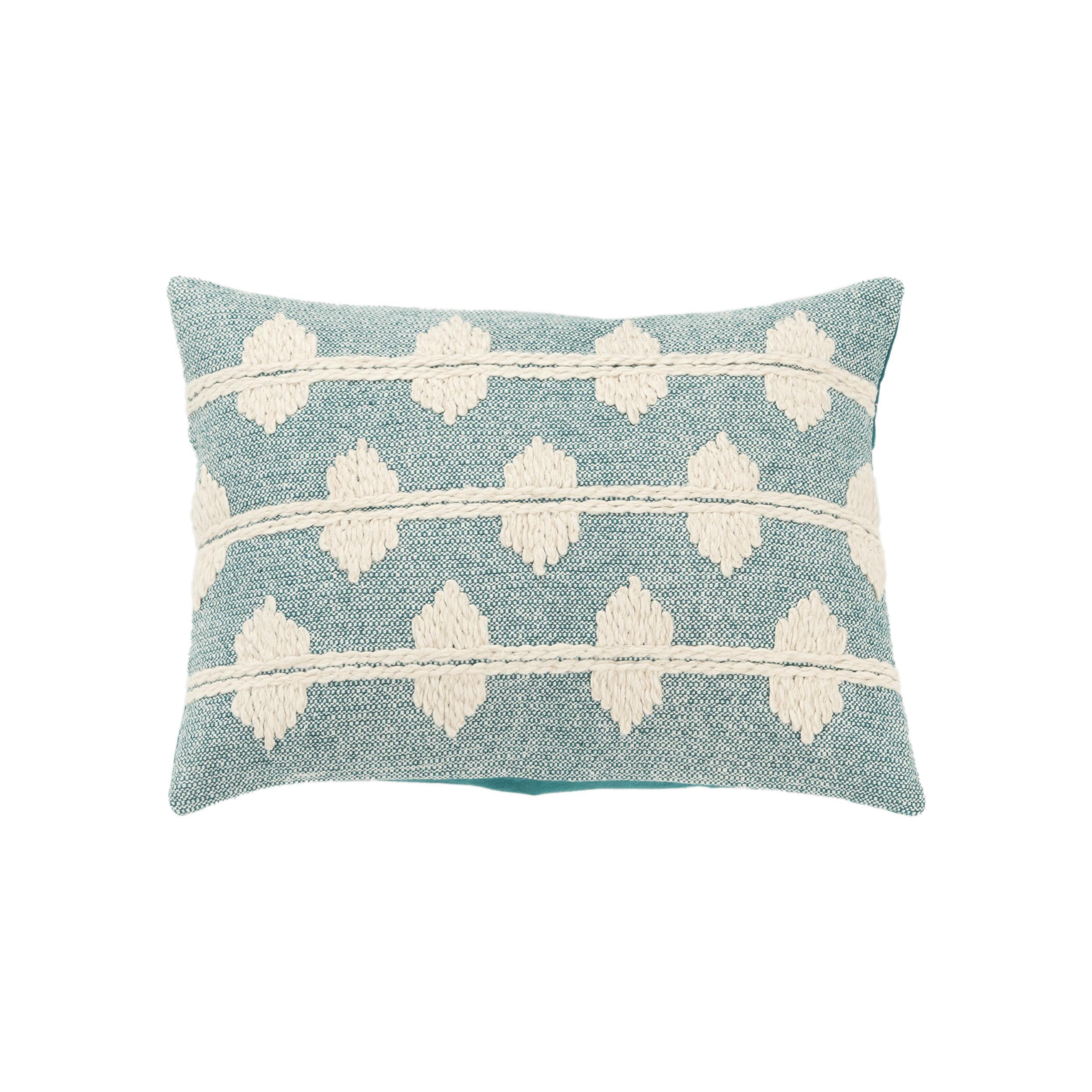 Teal and White Cotton Embroidered 14" x 20" Throw Pillow