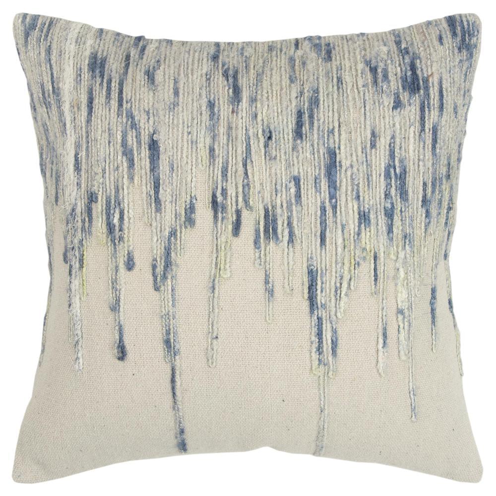 Artisanal Blue and Ivory Square Embroidered Throw Pillow, 17"