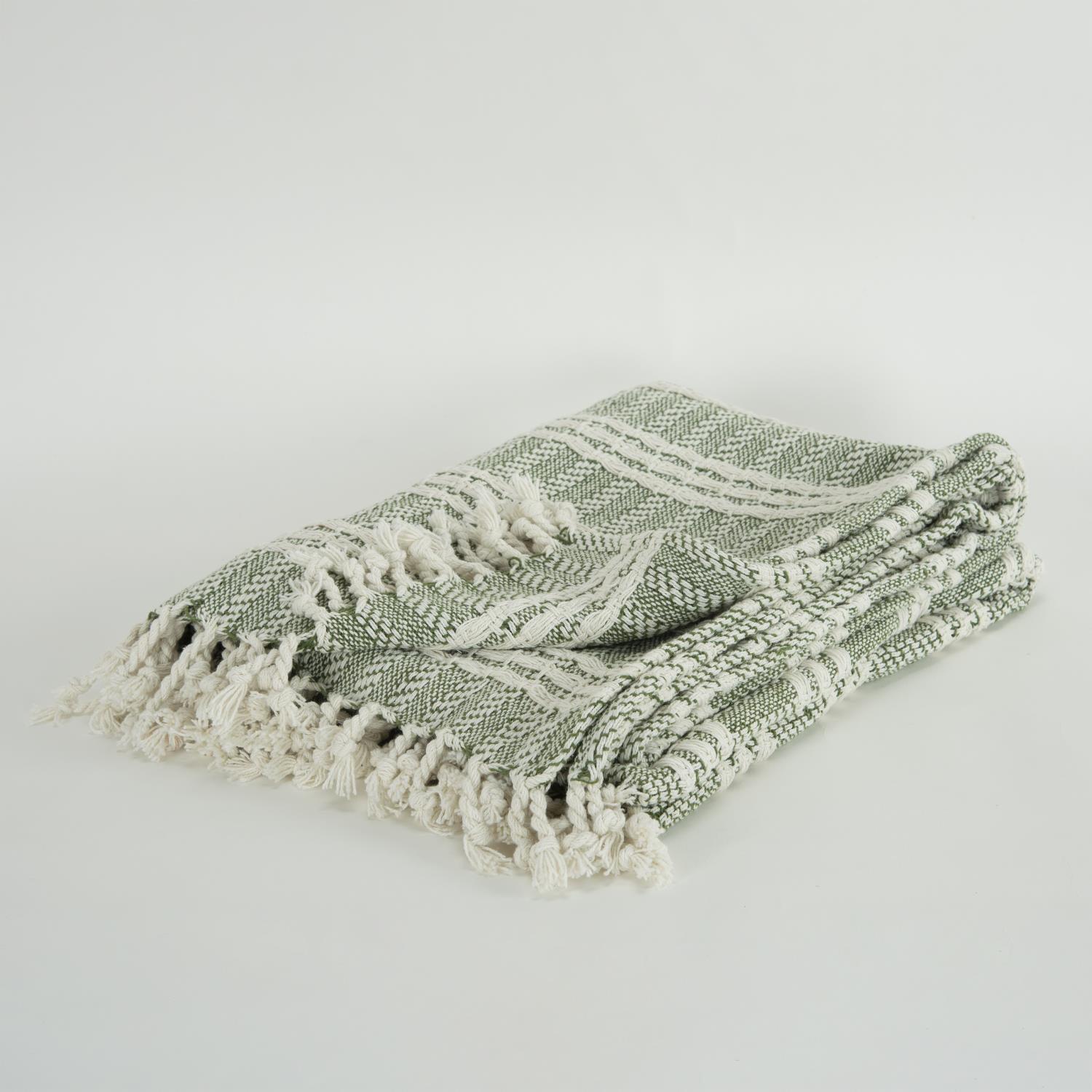 Green and Natural Cotton Striped Reversible Throw Blanket