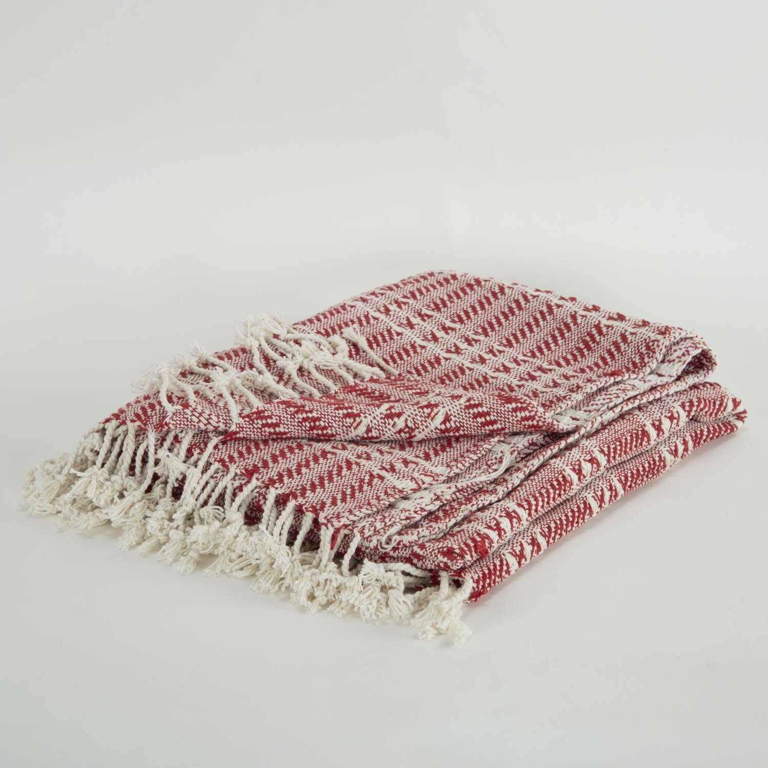 Handcrafted Red and Natural Cotton Striped Throw Blanket