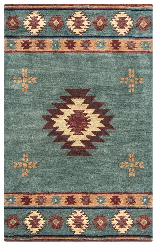 Southwest Geometric Gray and Blue Wool 5' x 8' Area Rug