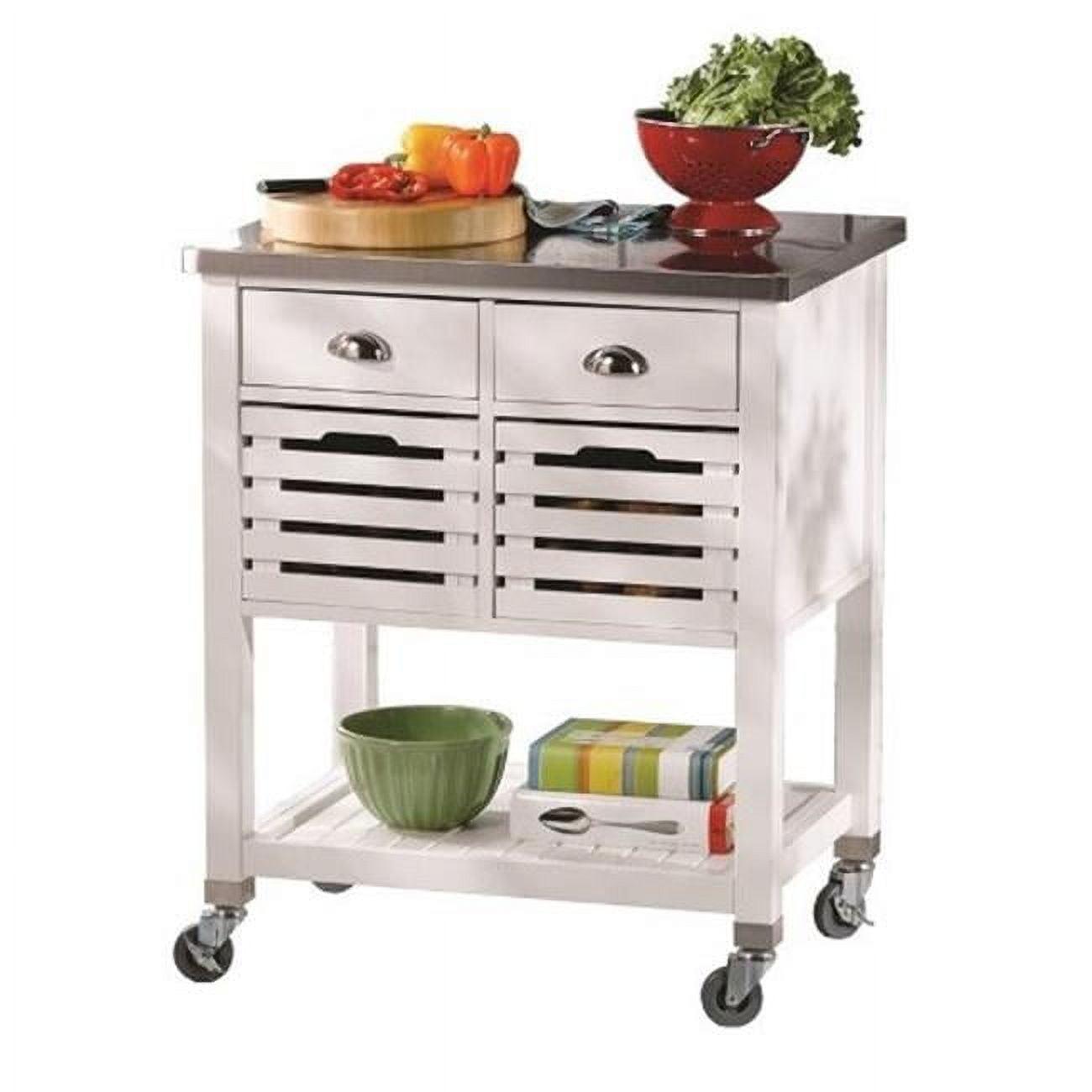 Farmhouse Charm White Stainless Steel Kitchen Cart with Butcher Block