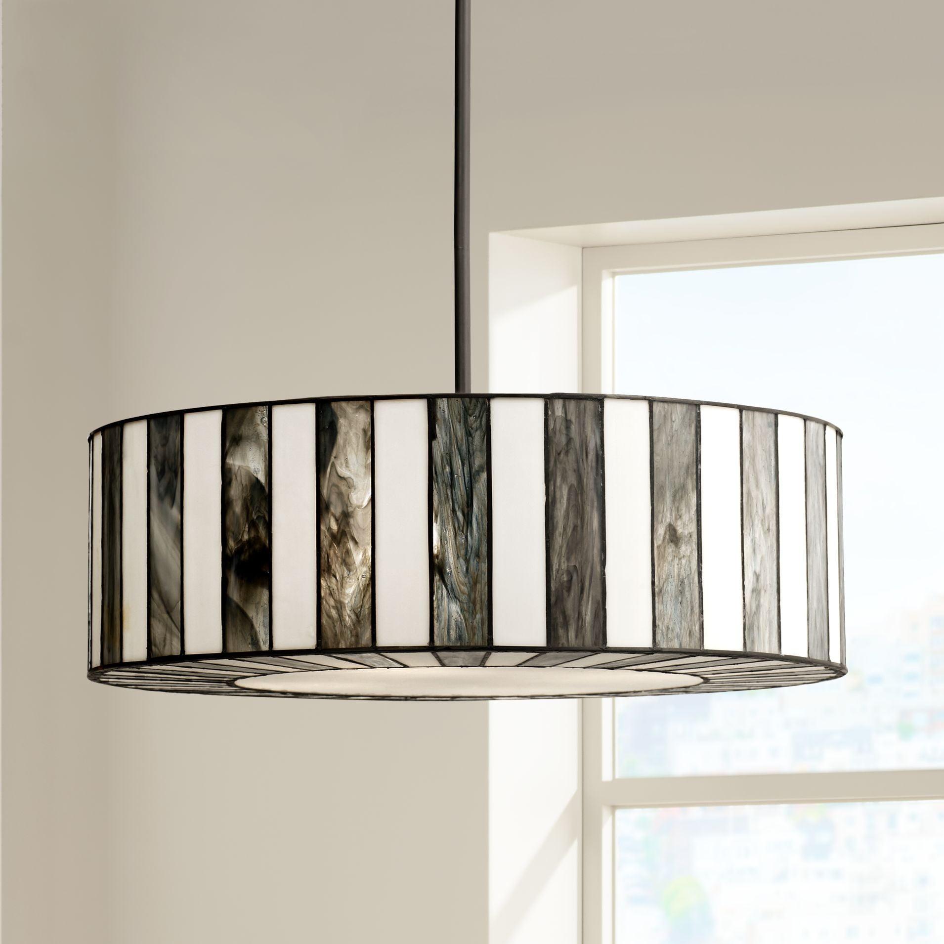 Tiffany-Inspired Black and White Striped Drum Pendant Light