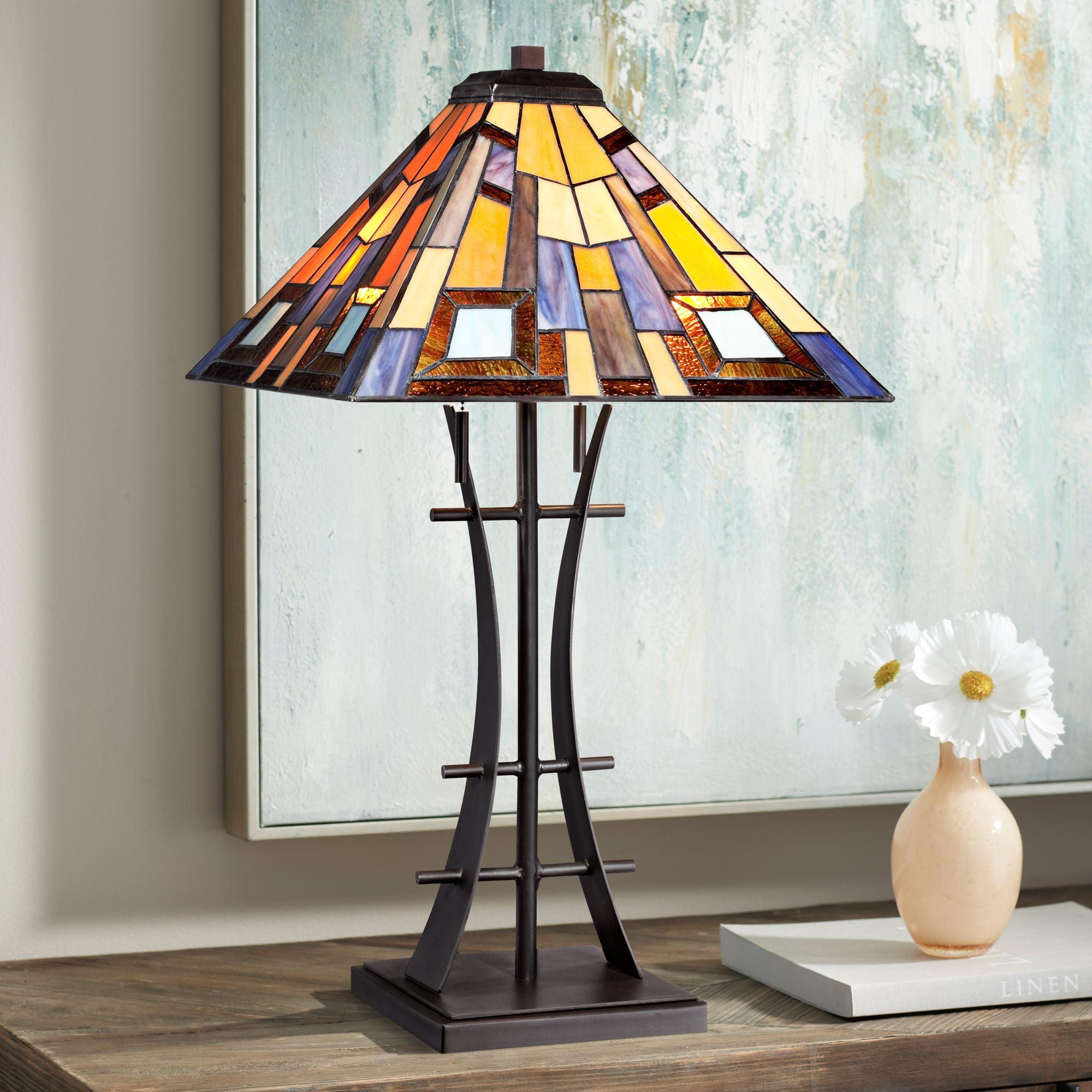 Bronze Mission Table Lamp with Geometric Stained Glass Shade