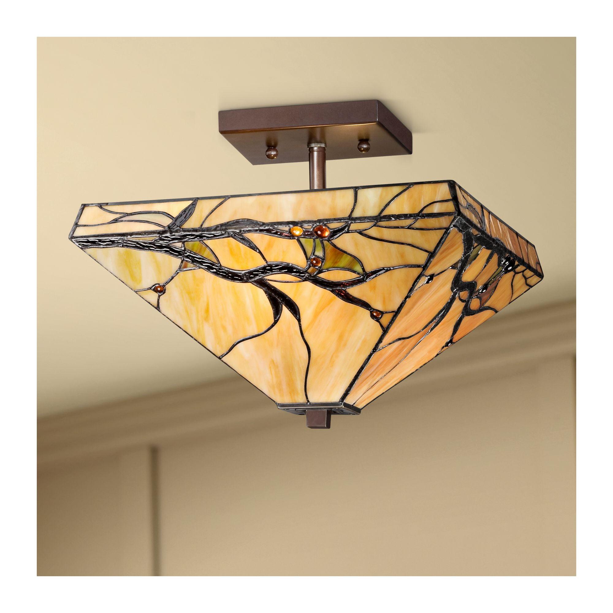 Tiffany-Style Bronze 19" Semi Flush Ceiling Light with Art Glass Shade