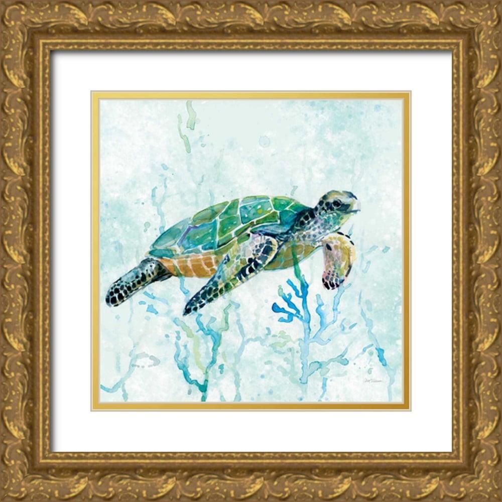 Sea Turtle Swim I 12x12 Canvas Art with Black Ornate Frame