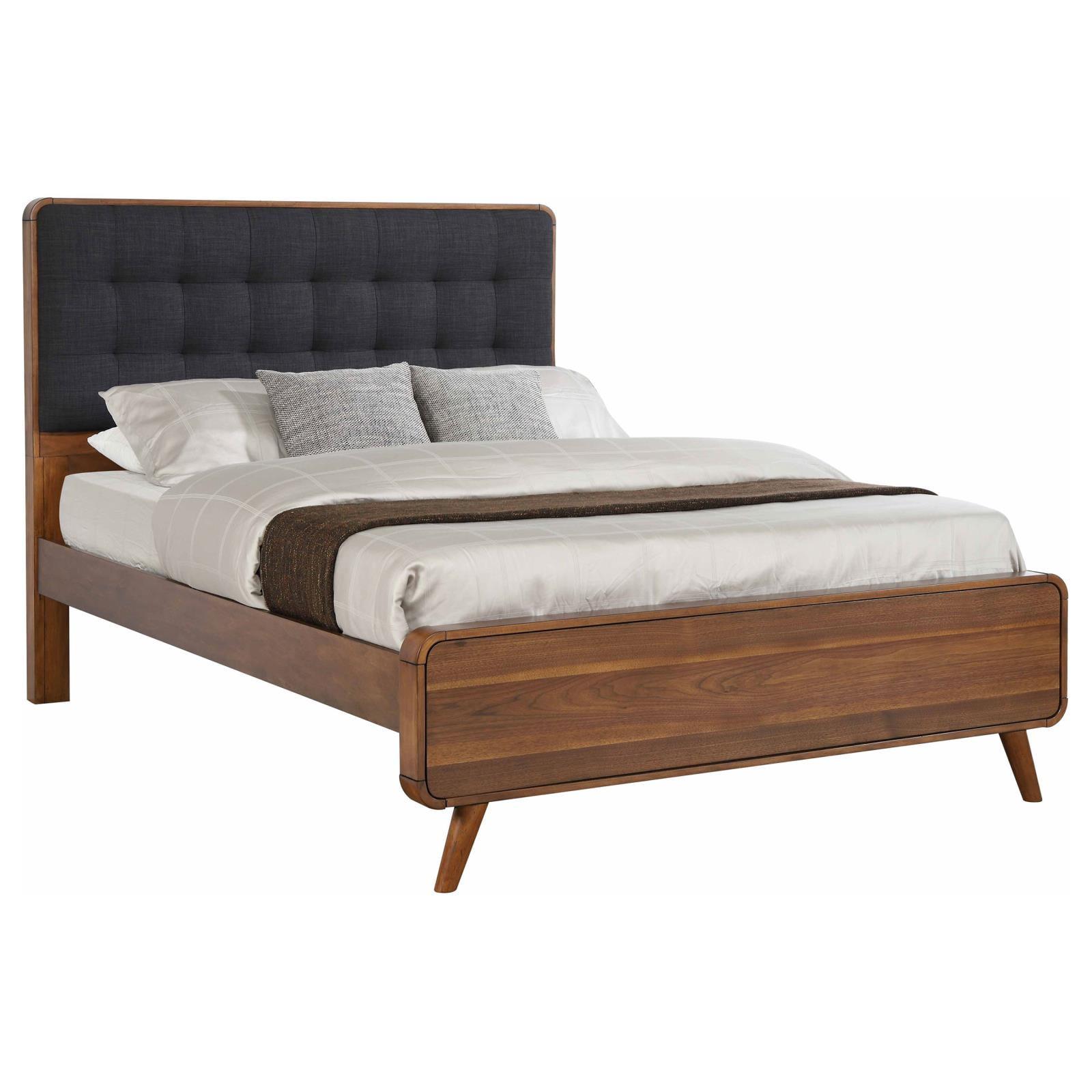 Transitional King Size Dark Walnut Upholstered Bed with Tufted Headboard