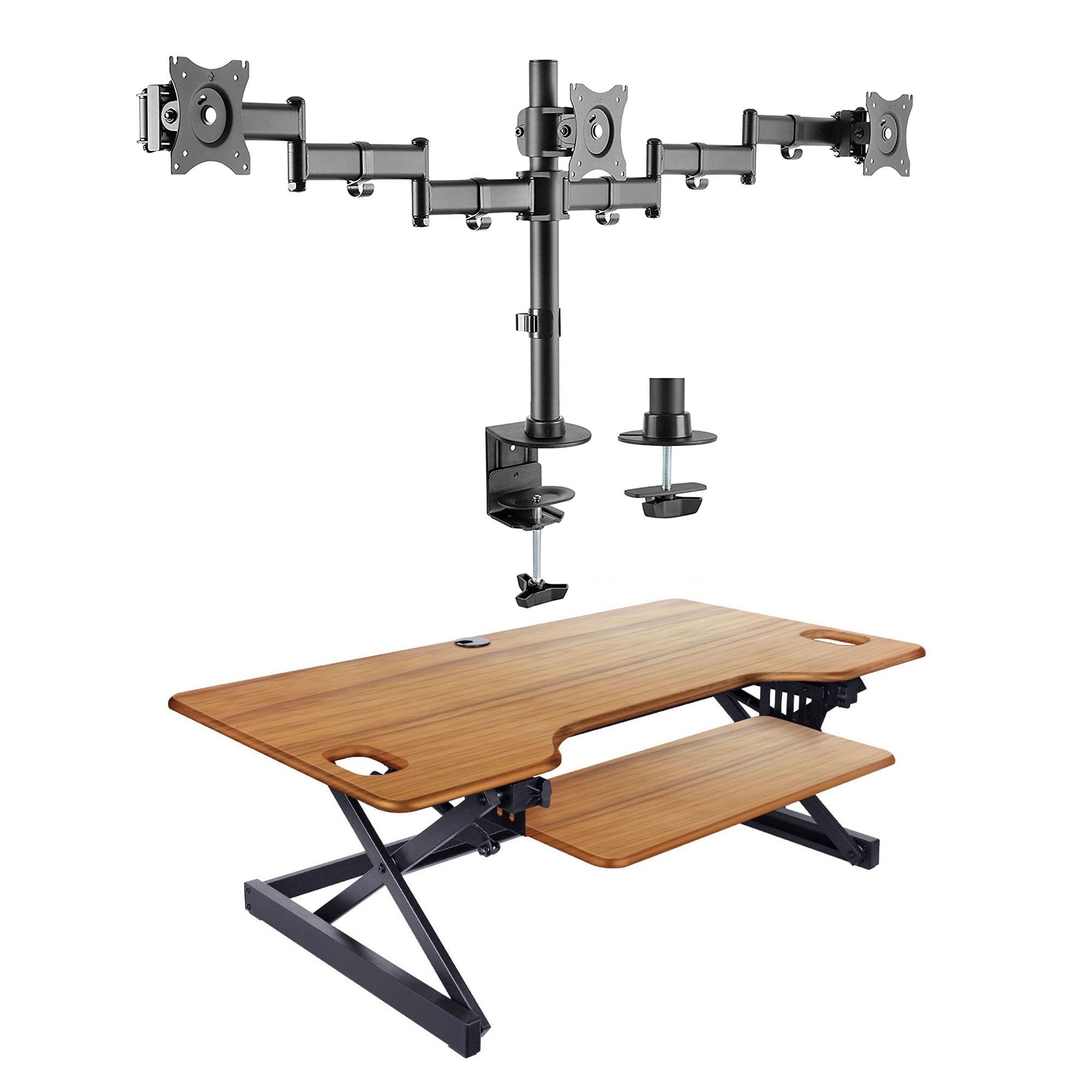 46in Large Adjustable Standing Desk Converter/Triple Monitor Mount Bundle - Teak - Rocelco