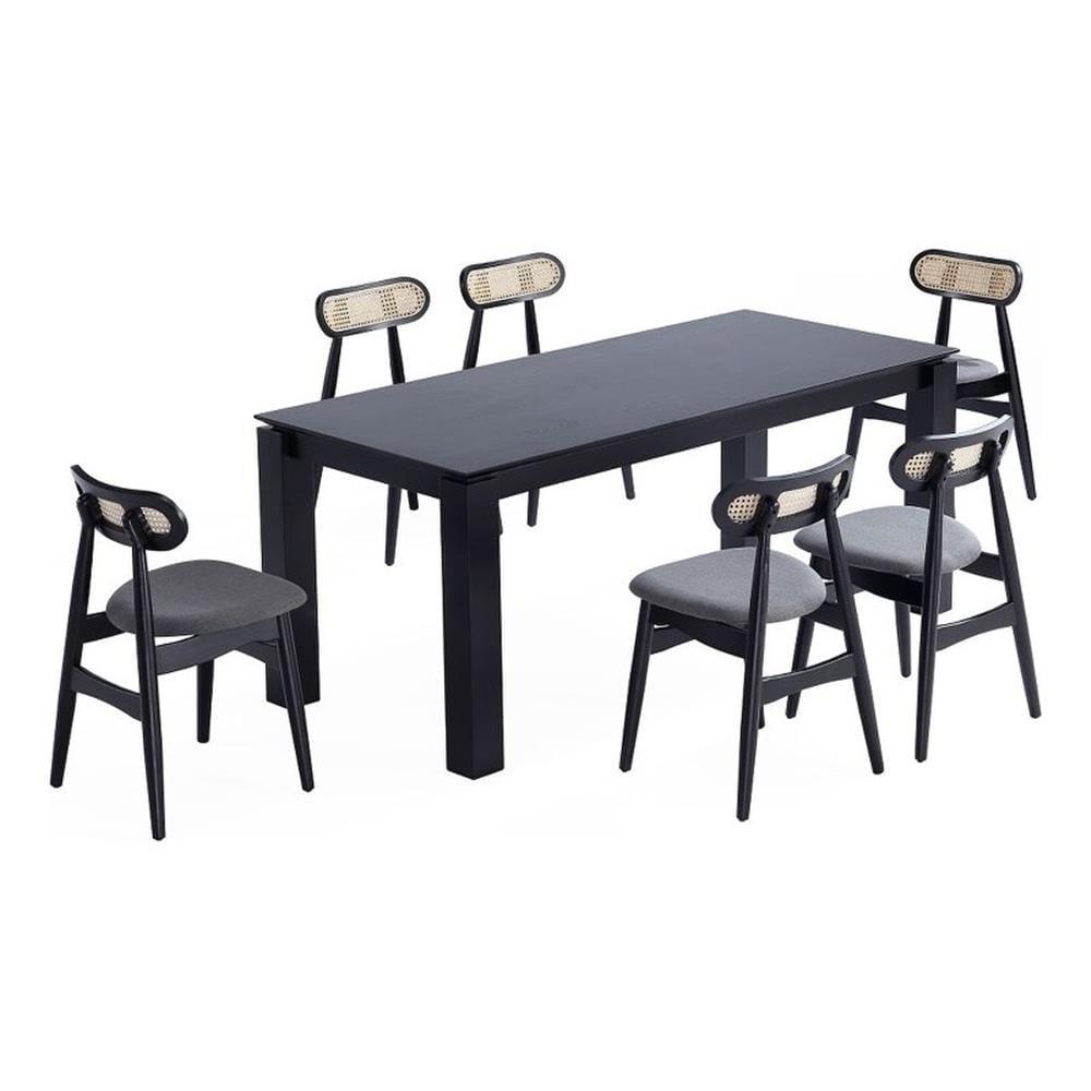 Manhattan Comfort 7pc 70.86" Rockaway and Colbert Rectangle Dining Set Black/Gray: Industrial Design, Ash Wood Frame, Foam Padded Seats