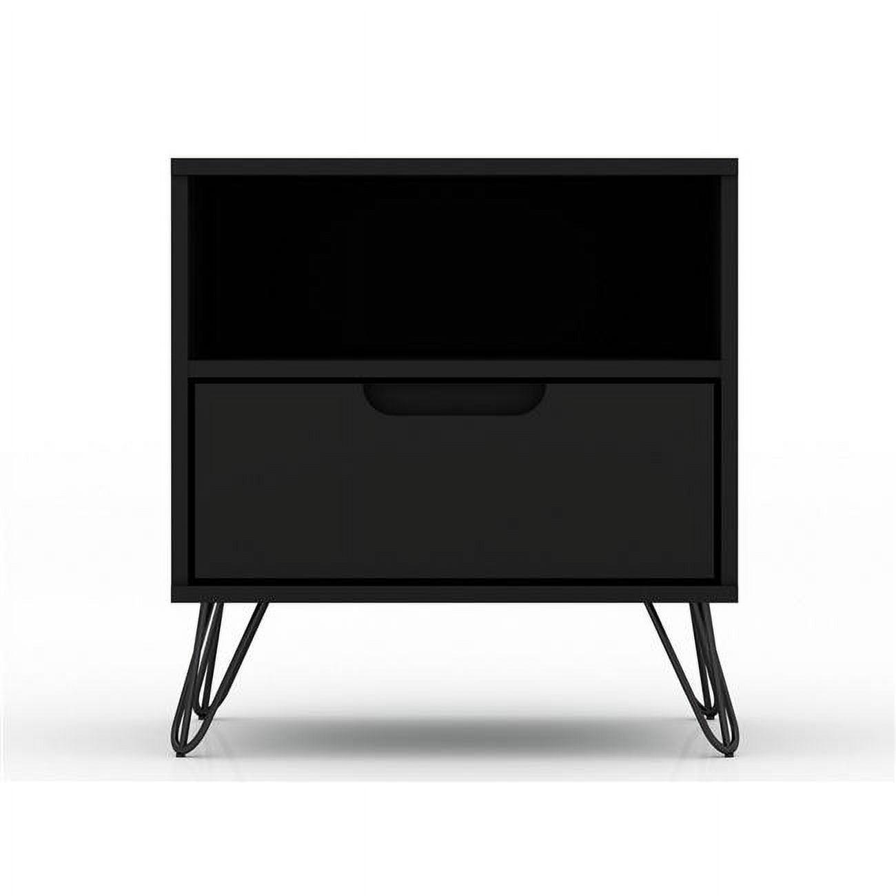 1.0 Rockefeller Nightstand Black - Manhattan Comfort: Modern End Table with Storage Shelf & Metal Legs