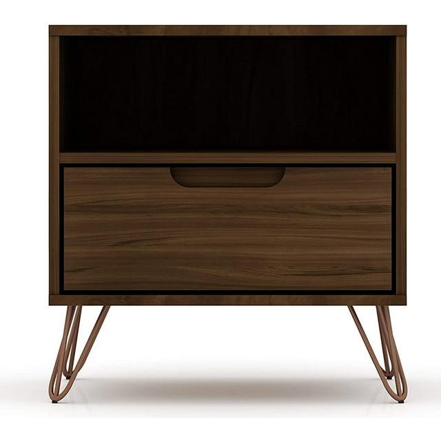 1.0 Rockefeller Nightstand Brown - Manhattan Comfort: Modern Bedside Table with Storage, Shelving & Metal Glides