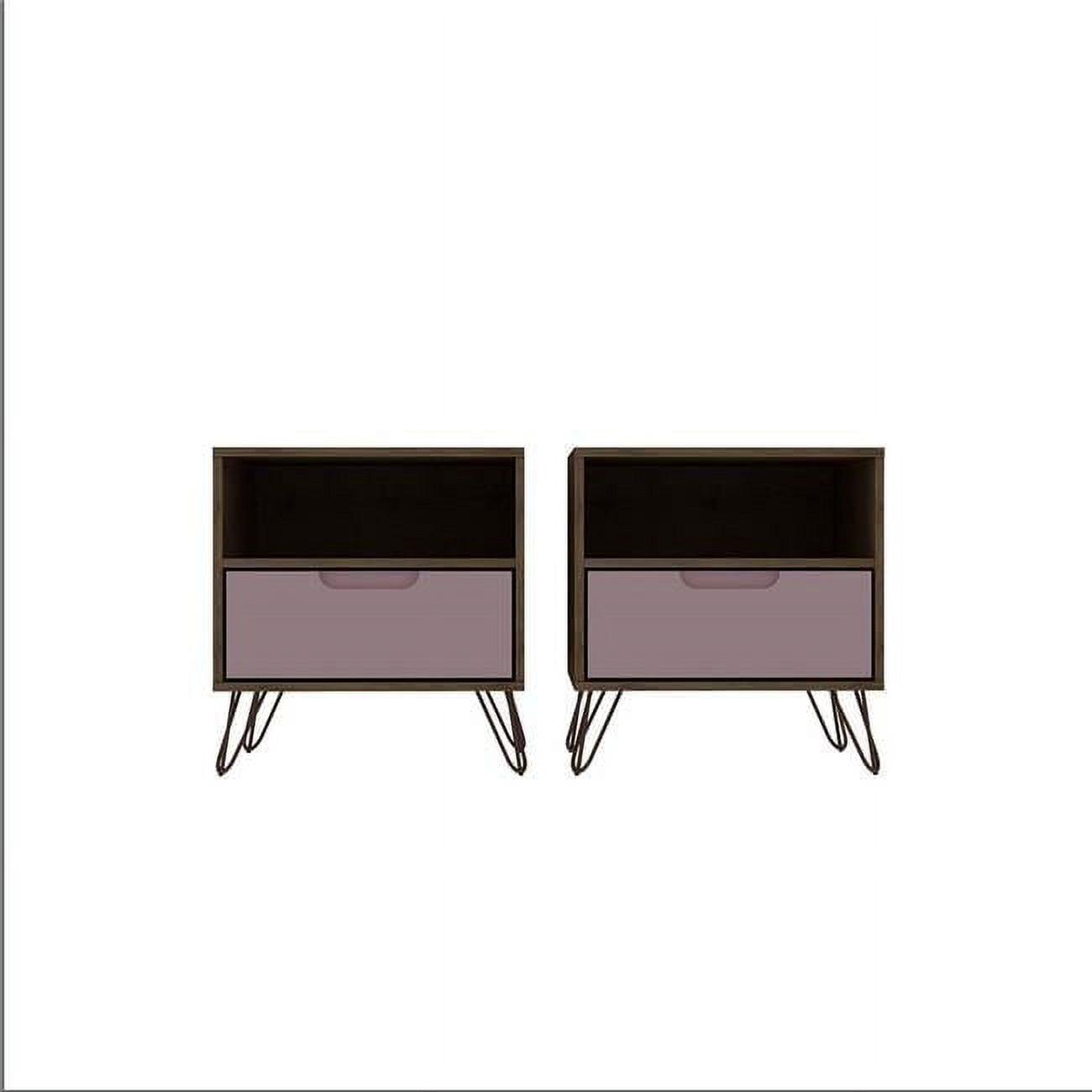 Set of 2 Rockefeller 1 Drawer Nightstands Nature/Rose Pink - Manhattan Comfort: Mid-century Design, Metal Legs, MDF