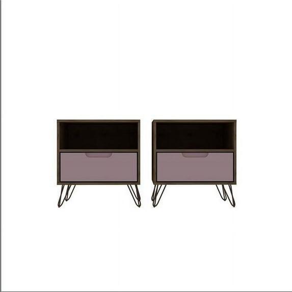 Set of 2 Rockefeller 1 Drawer Nightstands Nature/Rose Pink - Manhattan Comfort: Mid-century Design, Metal Legs, MDF
