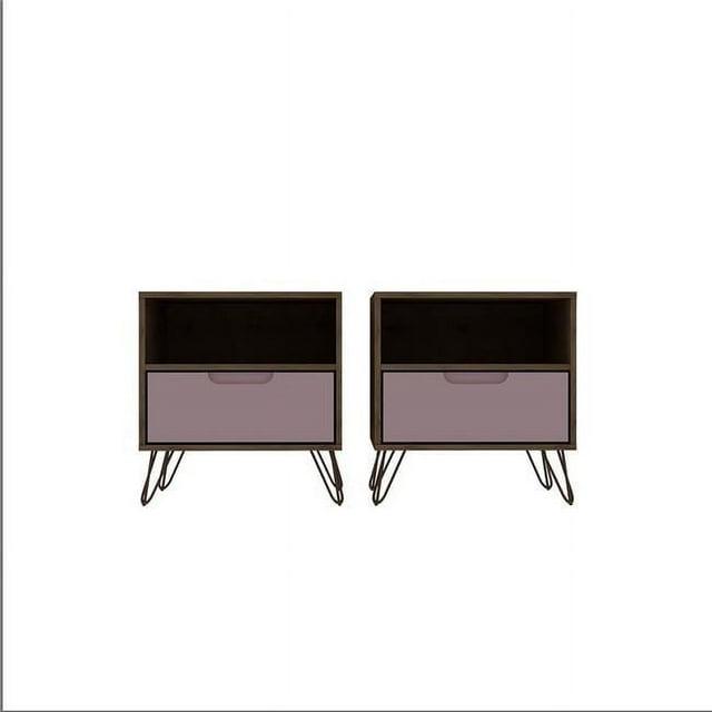 Set of 2 Rockefeller 1 Drawer Nightstands Nature/Rose Pink - Manhattan Comfort: Mid-century Design, Metal Legs, MDF