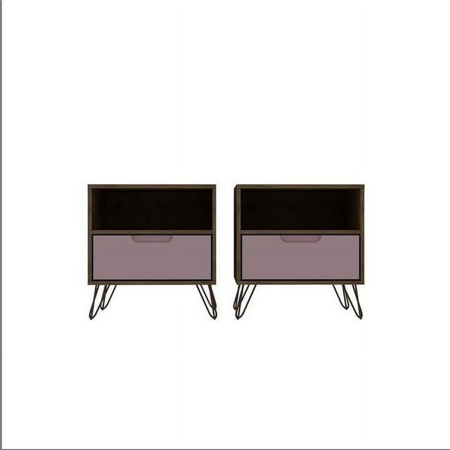 Set of 2 Rockefeller 1 Drawer Nightstands Nature/Rose Pink - Manhattan Comfort: Mid-century Design, Metal Legs, MDF
