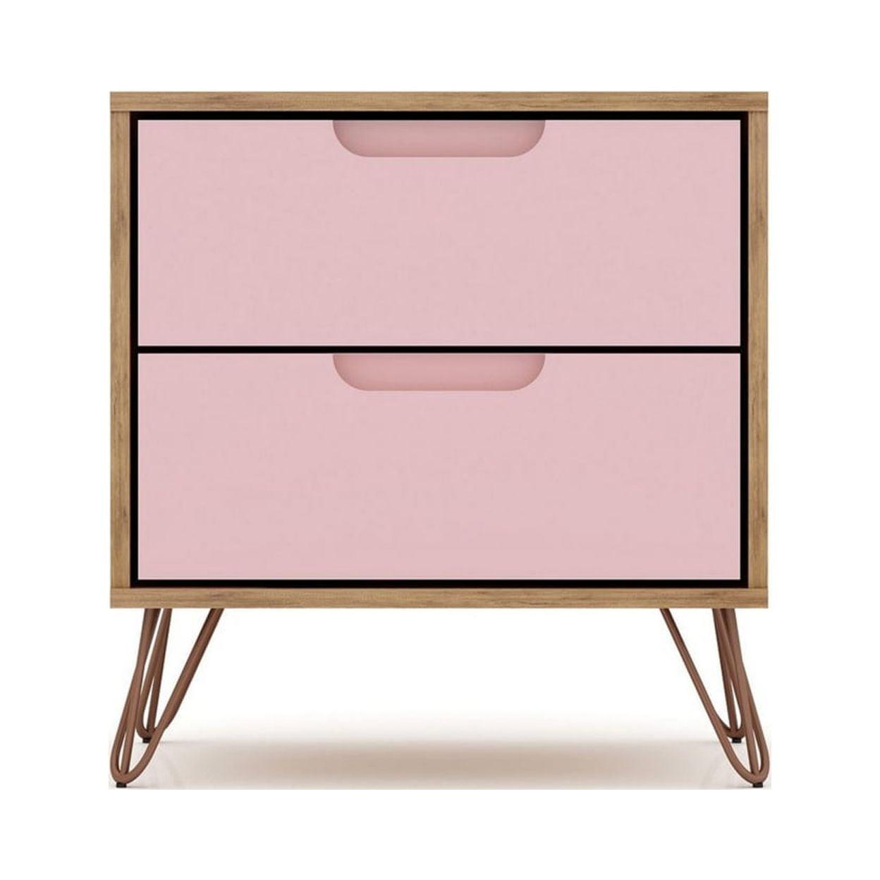 2.0 Rockefeller Nightstand Natural/Rose Pink - Manhattan Comfort: Modern MDF Bedside Storage with Metal Glides