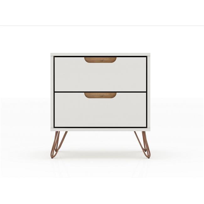 Manhattan Comfort 2.0 Rockefeller Nightstand Off White/Natural: Mid-Century Design, Splayed Metal Legs, Dual Drawers
