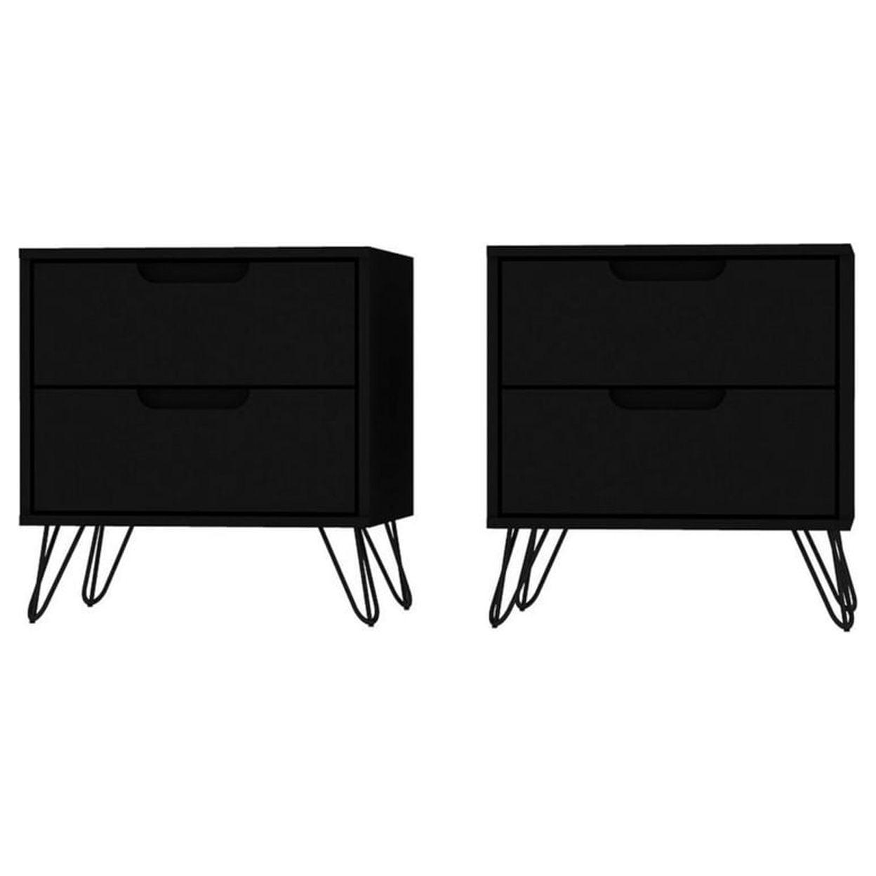 Mid-Century Modern Black Nightstand with Splayed Metal Legs, Set of 2