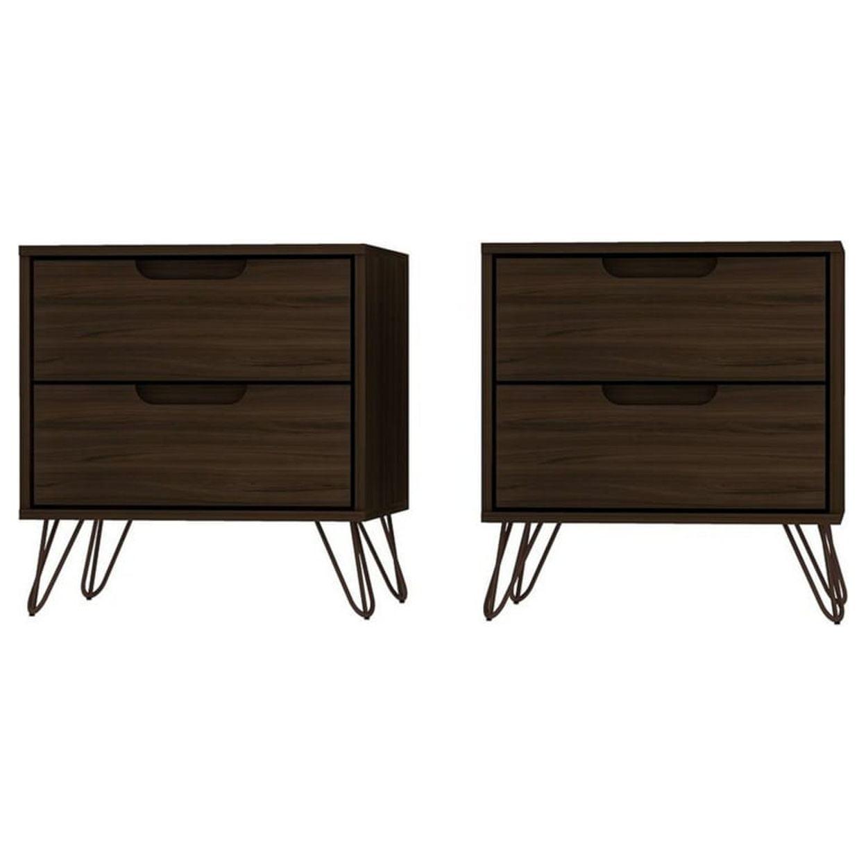 Set of 2 Rockefeller 2 Drawer Nightstands Brown - Manhattan Comfort: Mid-Century Design, Metal Legs, MDF Construction