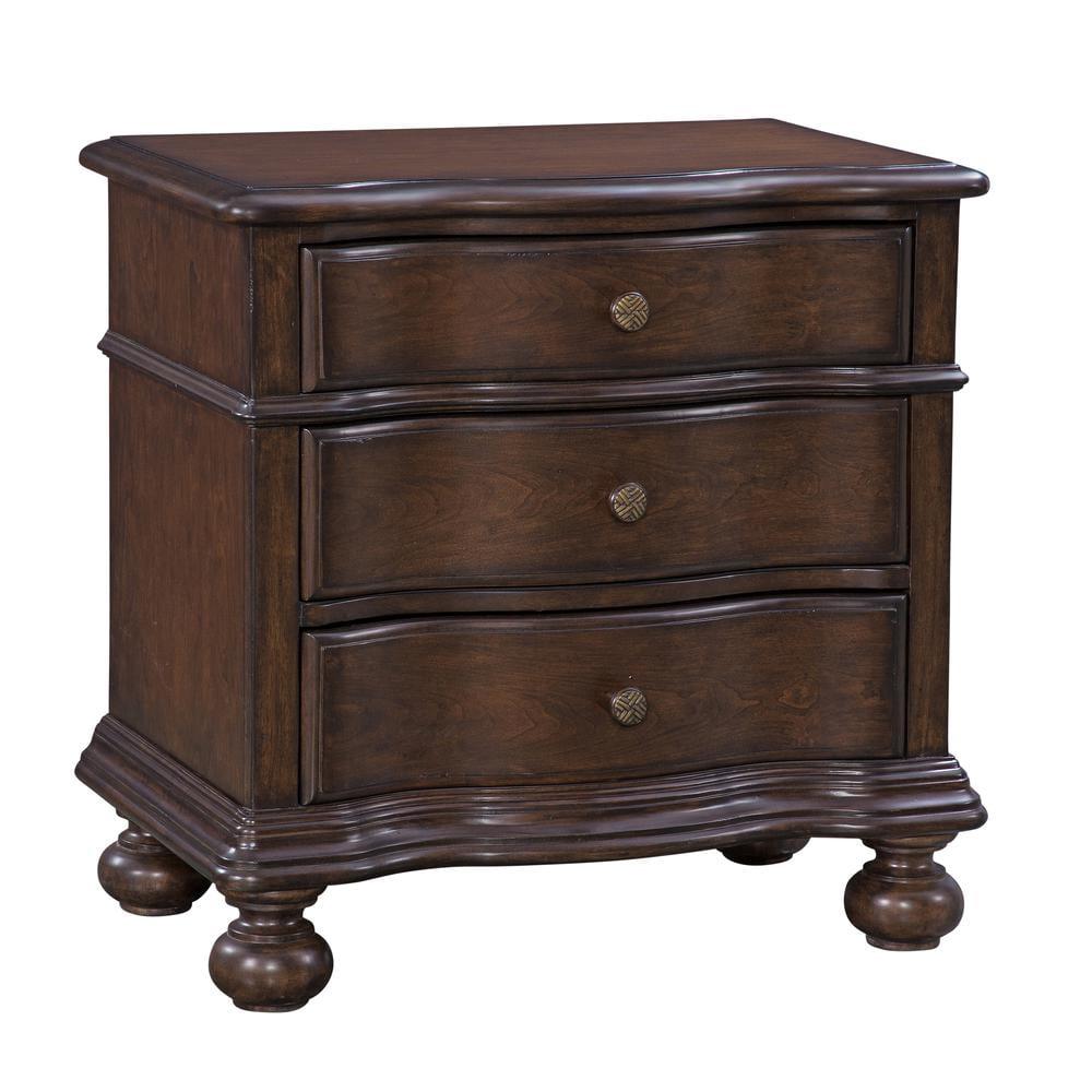 Tobacco Brown Wooden Nightstand with Sculpted Wave Front - 3 Drawers