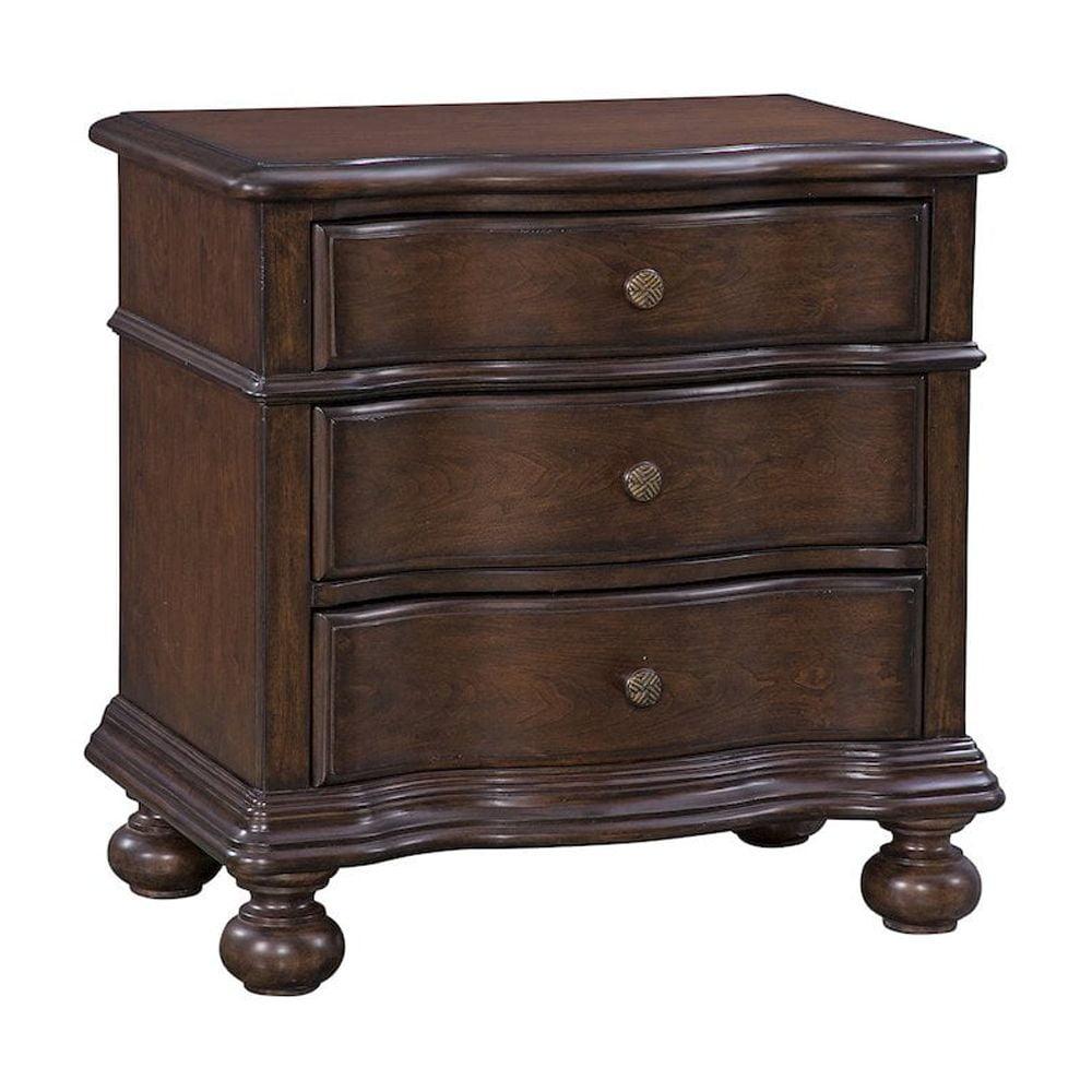 Tobacco Brown Wooden Nightstand with Sculpted Wave Front - 3 Drawers