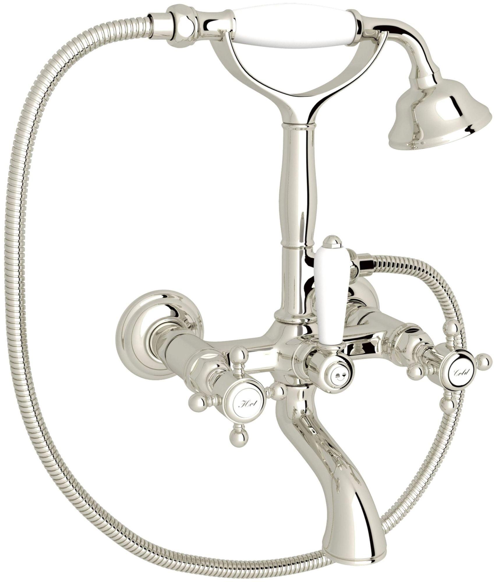 Elegante Polished Nickel Wall-Mounted Tub Filler with Porcelain Handles