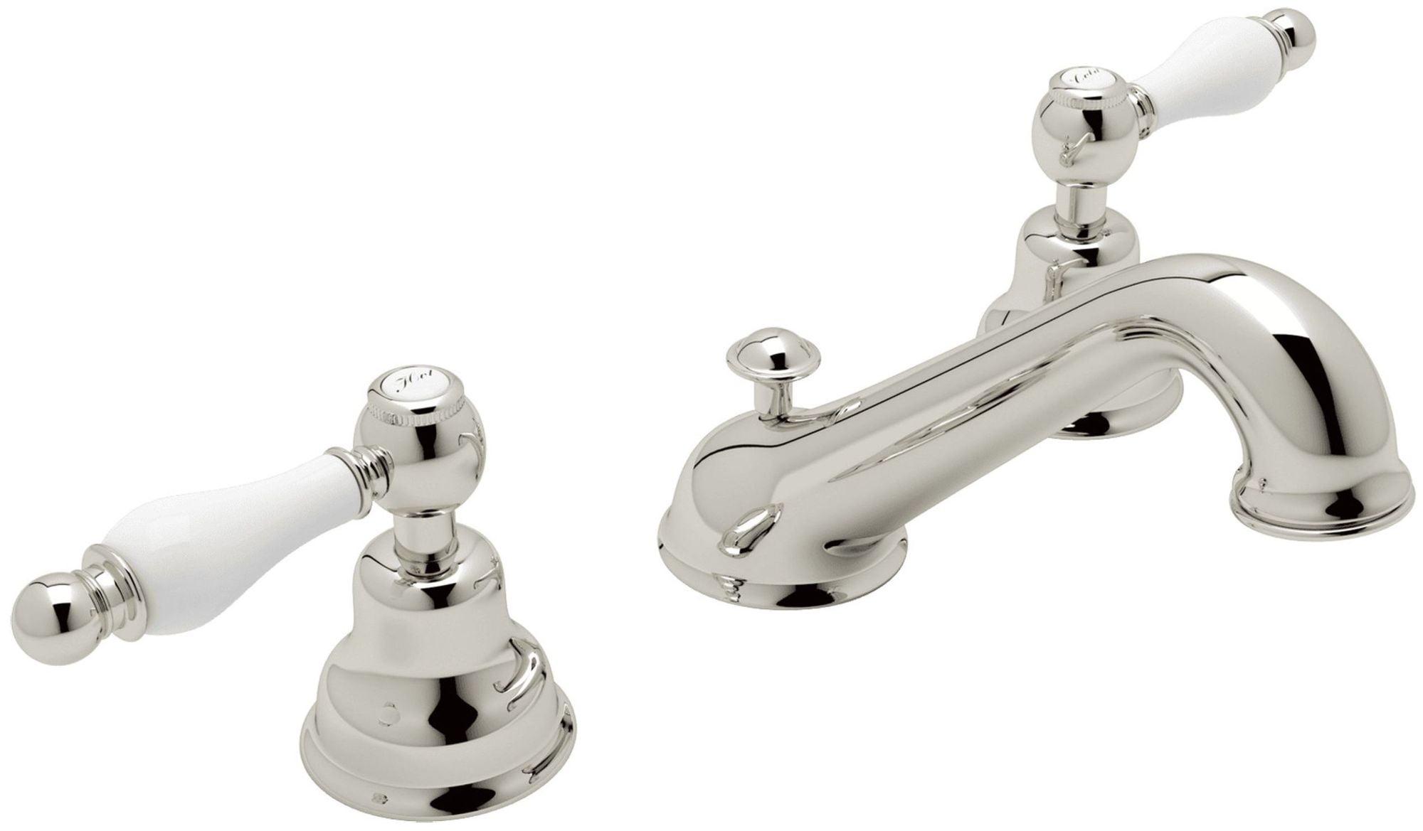 Elegant Piedmont Polished Nickel 3-Hole Widespread Faucet with Porcelain Handles