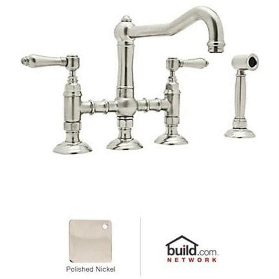 Rohl Italian Kitchen Acqui Three Leg Bridge Faucet With Metal Levers Sidespray And 9" Reach Column Spout In Polished Nickel