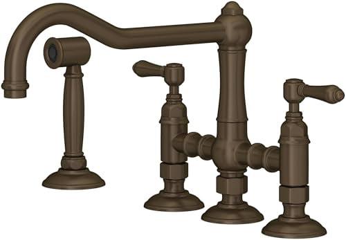 Rohl Italian Kitchen Acqui Three Leg Bridge Faucet With Metal Levers Sidespray And 9" Reach Column Spout In Tuscan Brass