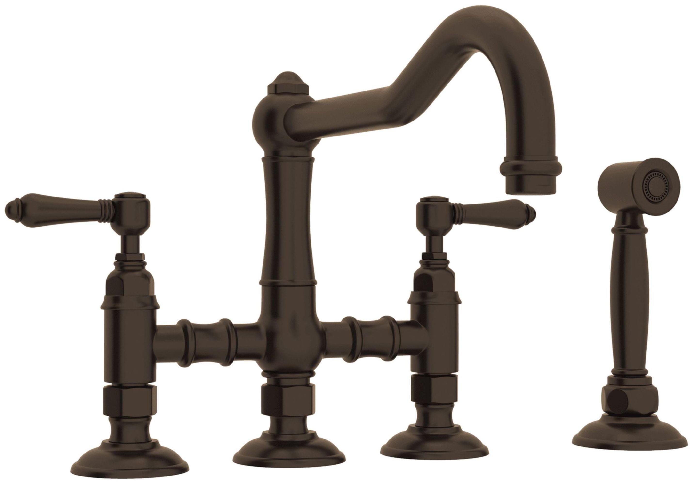 Rohl Italian Kitchen Acqui Three Leg Bridge Faucet With Metal Levers Sidespray And 9" Reach Column Spout In Tuscan Brass