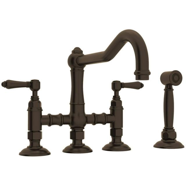 Rohl Italian Kitchen Acqui Three Leg Bridge Faucet With Metal Levers Sidespray And 9" Reach Column Spout In Tuscan Brass