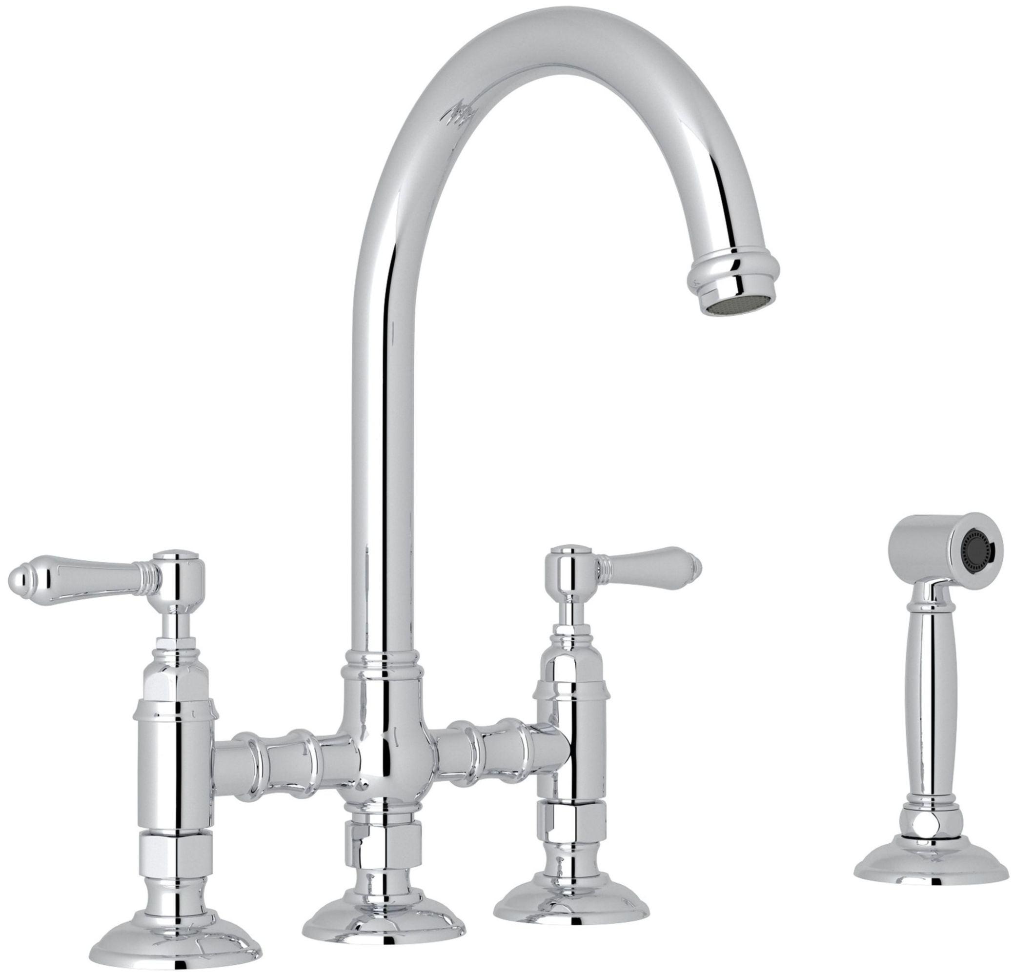 Rohl Italian Kitchen San Julio Three Leg Bridge Faucet With Metal Levers Sidespray And "C" Spout In Polished Chrome