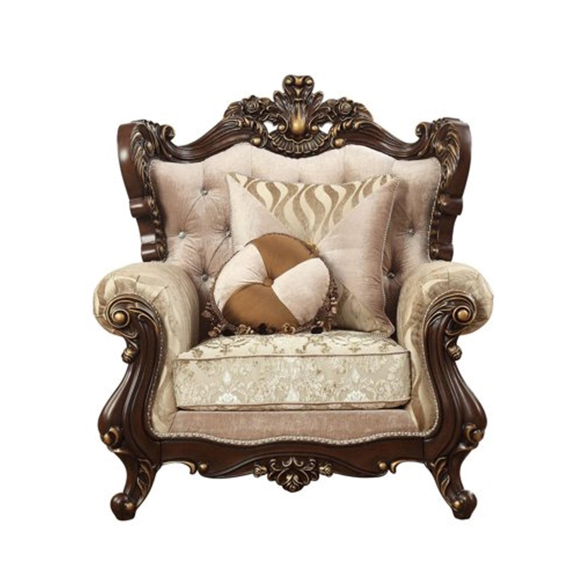 Rolled Arm Chair With Floral Arched Backrest And Two Pillows, Brown And Beige