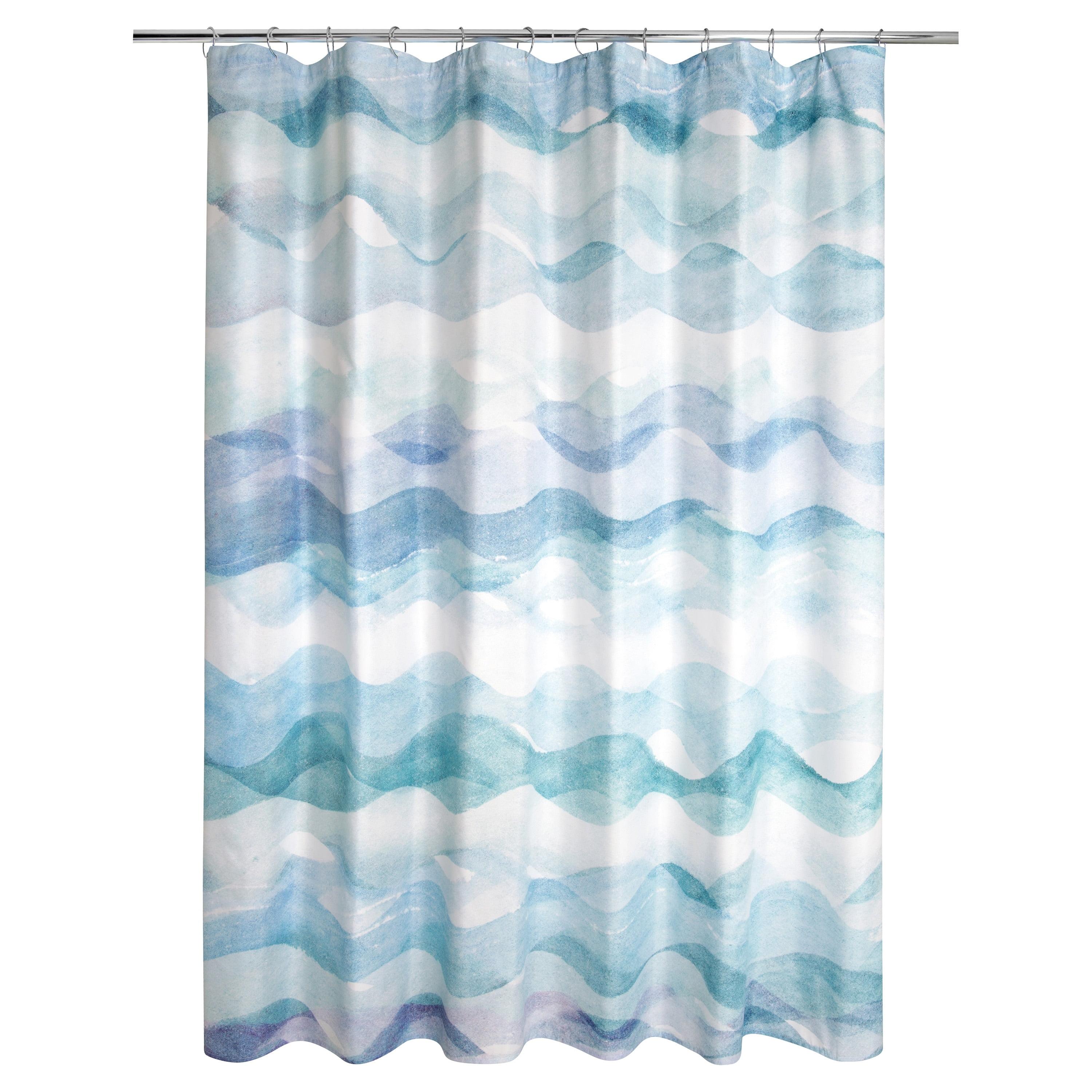 Watercolor Blue and Teal Wavy Polyester Shower Curtain