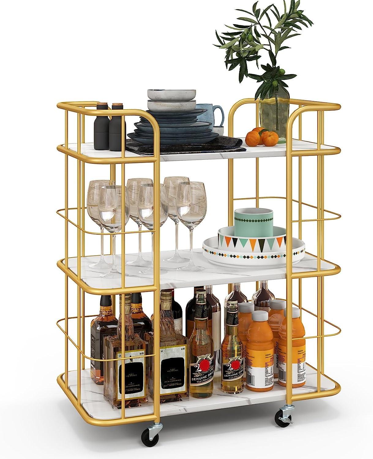 Tangkula 3 Rolling Bar Cart Gold 3-Tier Kitchen Utility Cart Steel Frame w/ Marble-Finish Top & Convenient Handle Lockable Casters Metal Serving Cart