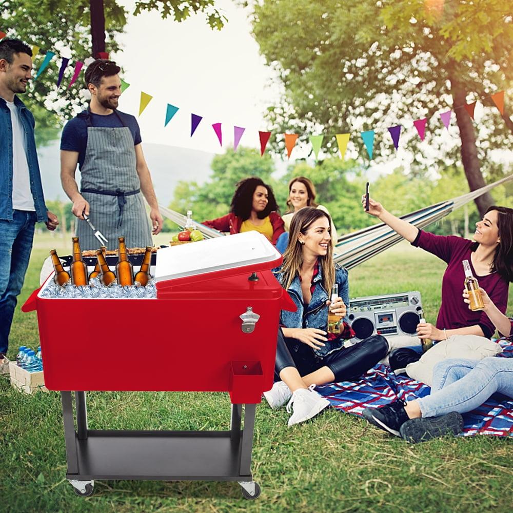 80 Quart Cooler with Wheels, Portable Patio Party Bar Rolling Ice Chest with Shelf, Detachable Drain Pipe and Bottle Opener, Red