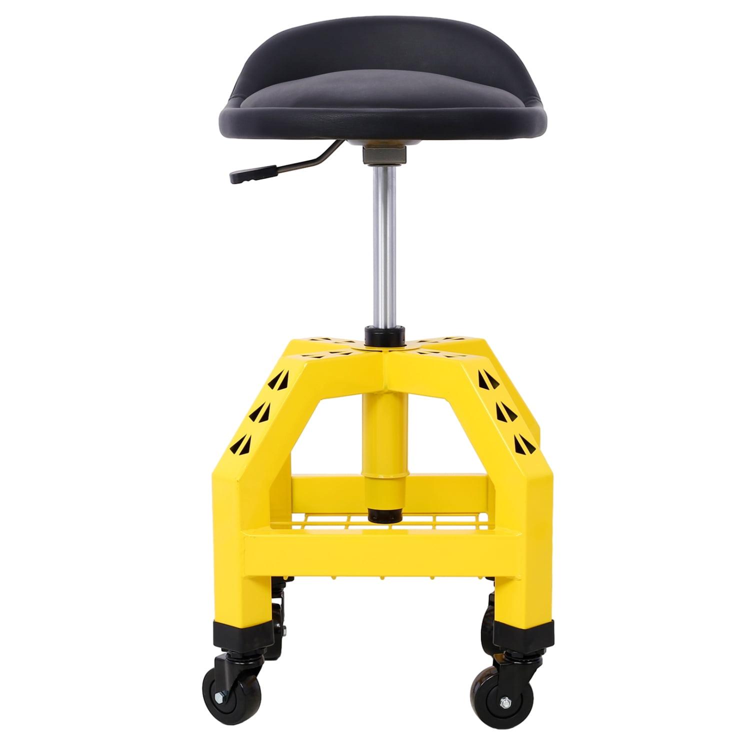 Rolling Shop Stool for Garage with Casters, Adjustable Height 360° Swivel Shop Seat with Tool Tray Storage, Lower Shelf Ergonomic Padding