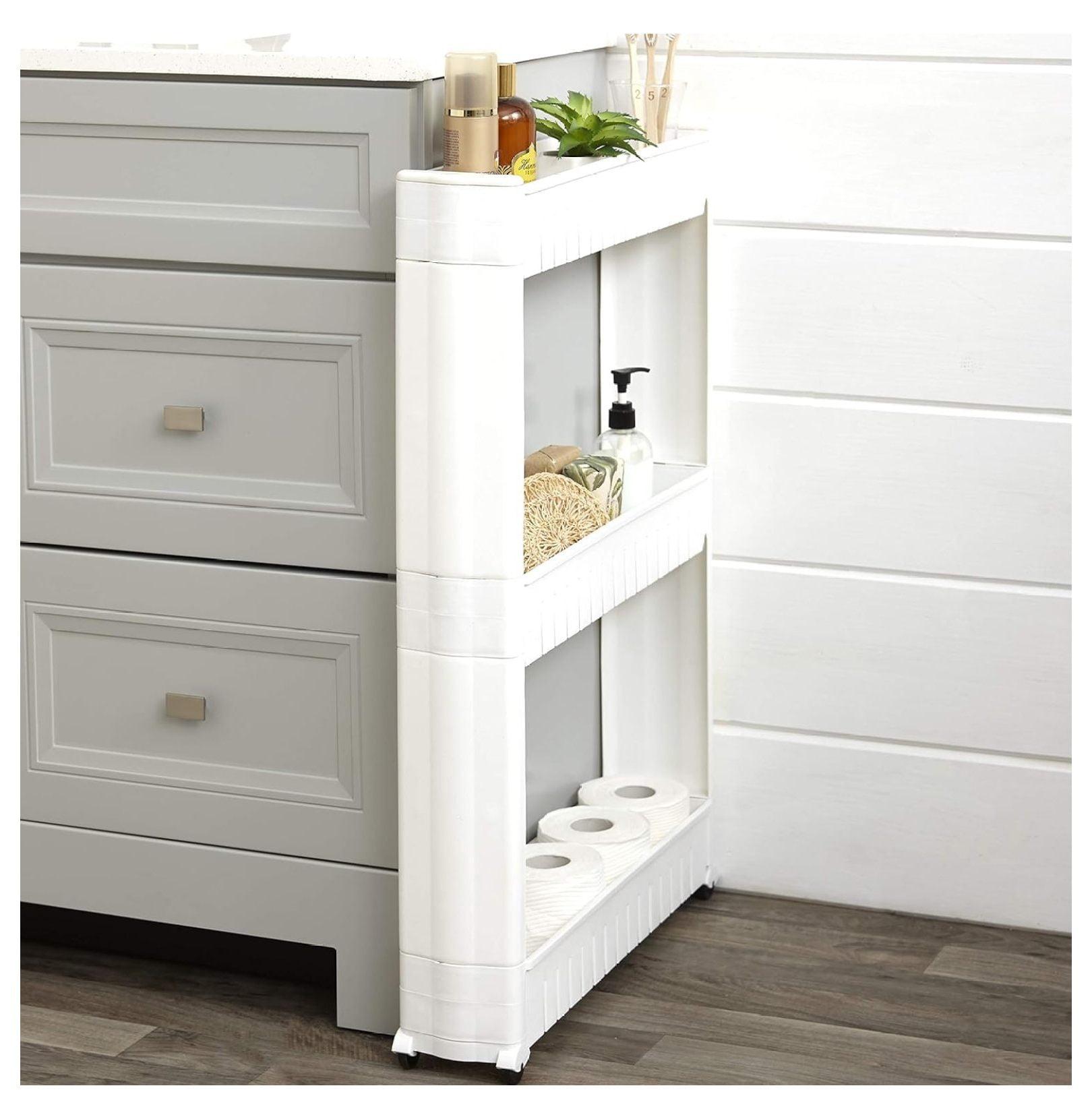 Slim White 3-Tier Rolling Kitchen Cart with Storage