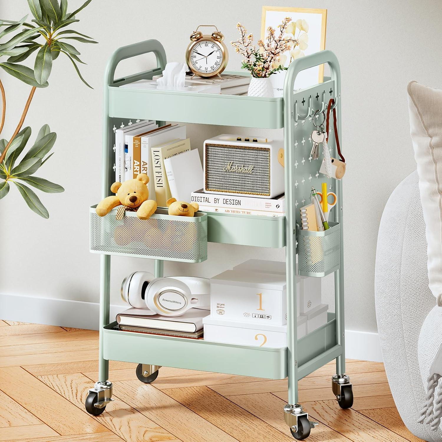 Green Metal 3-Tier Rolling Utility Cart with Pegboards and Hooks