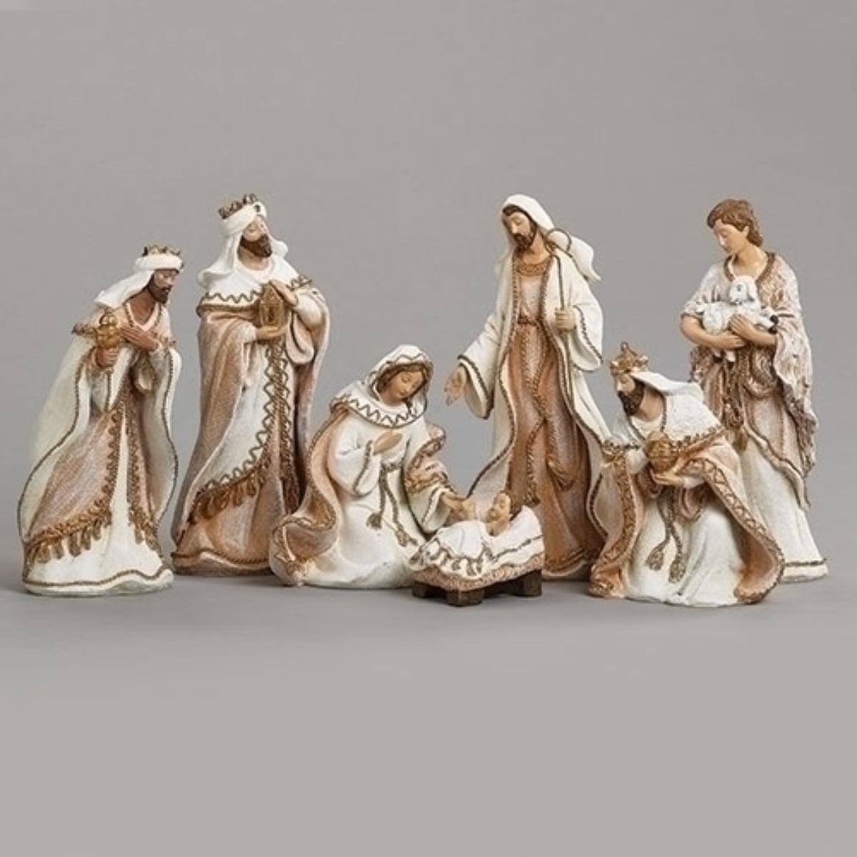 Elegant Woven Gold Trim Nativity Set - 8" Beige Polyresin Figures