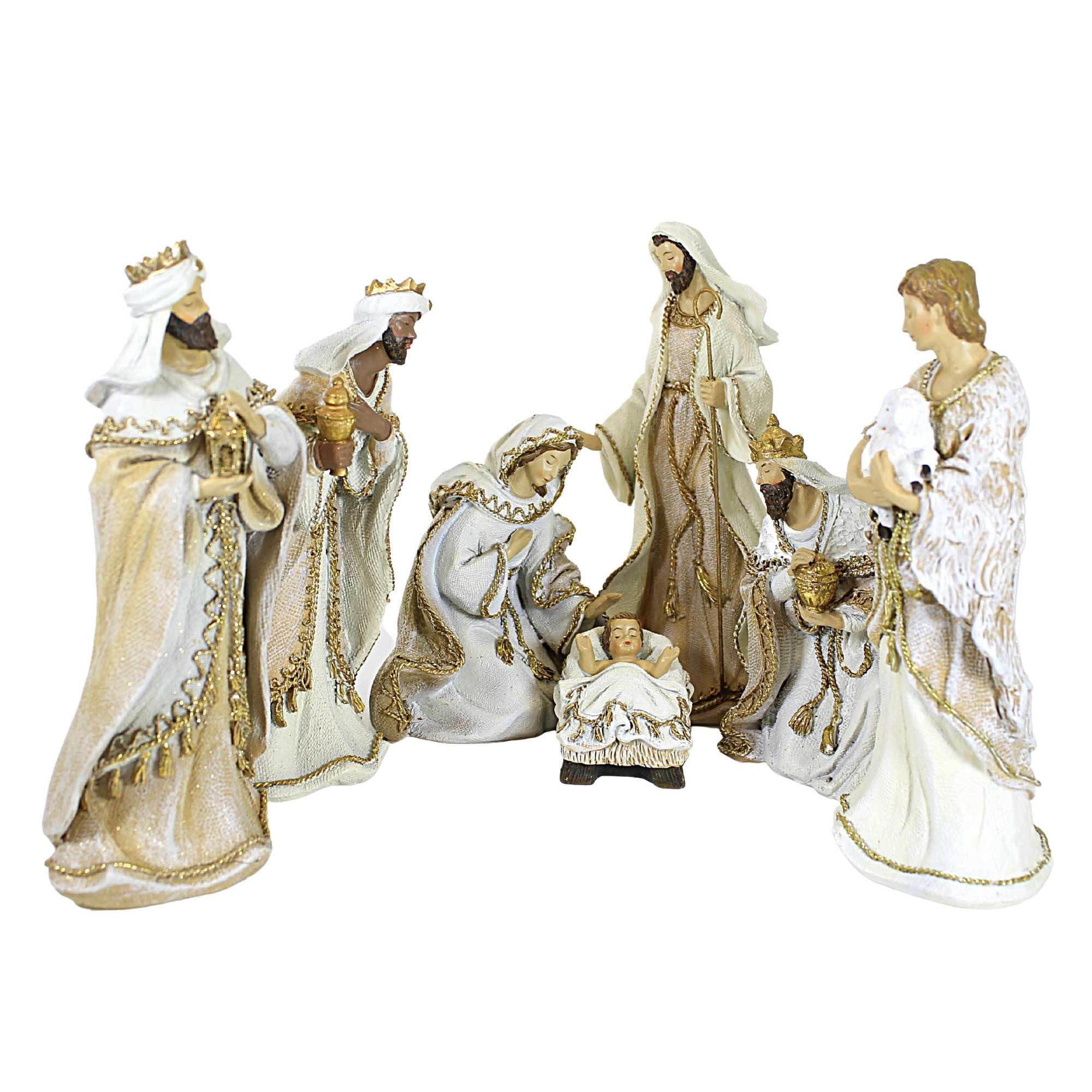 Roman 8.0 Inch Nativity Woven Gold Trim Fabric Look Nativity Scene Figurine Sets