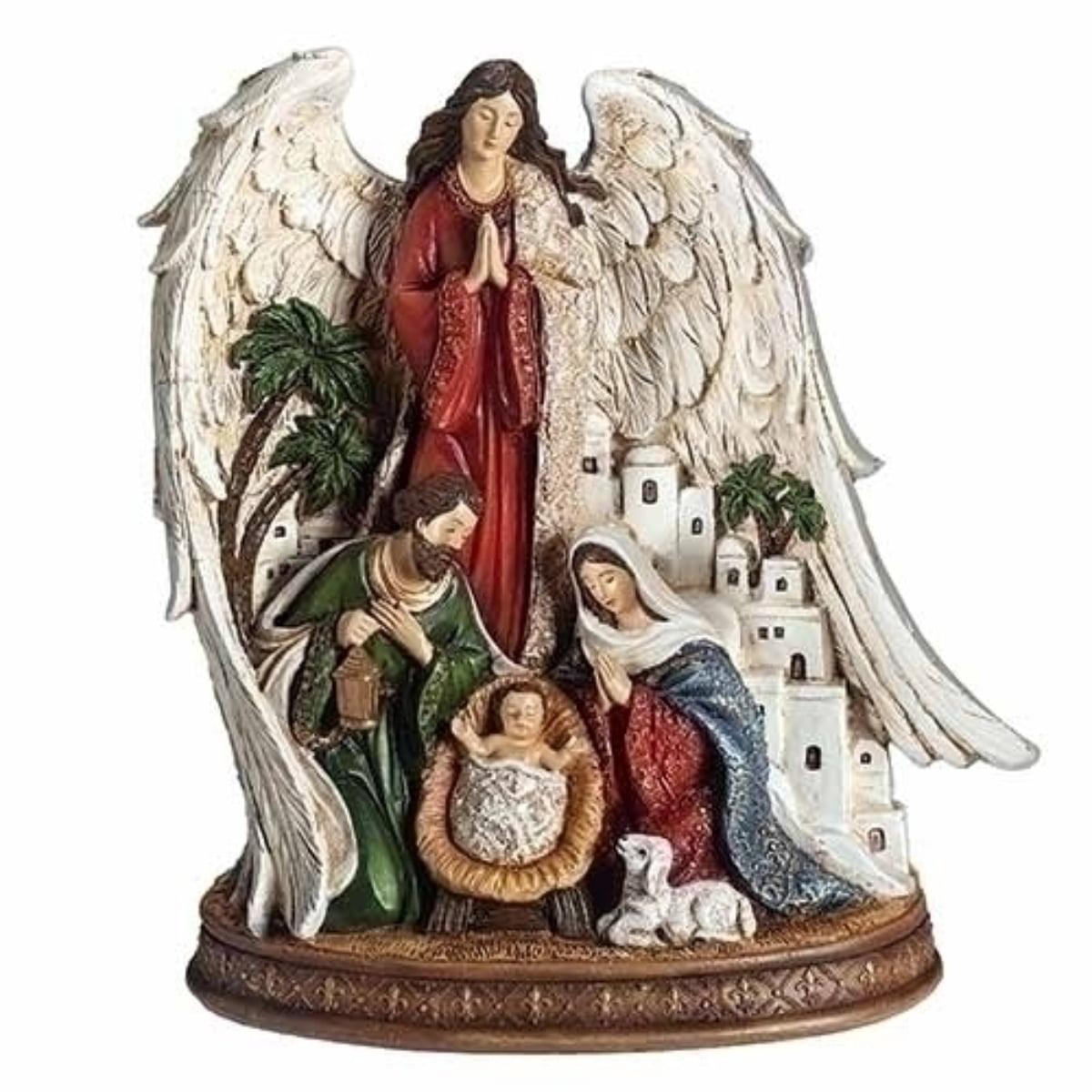 9" Resin Fleur De Lis Holy Family Nativity Figurine with Angel